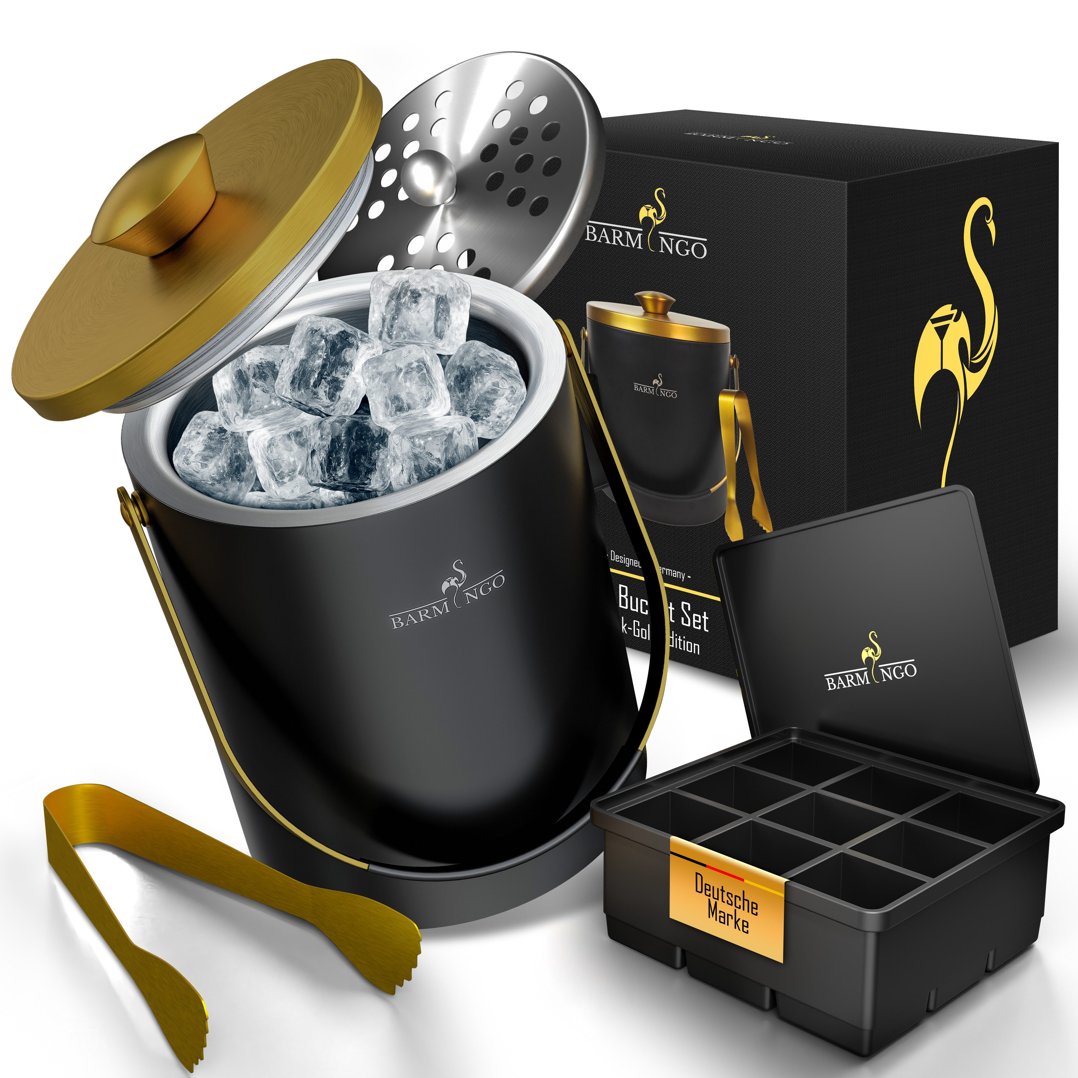 BARMINGO Eiswürfelbehälter mit Deckel (2 Liter), Edelstahl Eiskübel, (Eisbehälter Set, 3-tlg., mit Sieb, XXL Silikon Eiswürfelform & Zange), Eiseimer doppelwandig, isoliert, BPA-frei, Silikondeckel