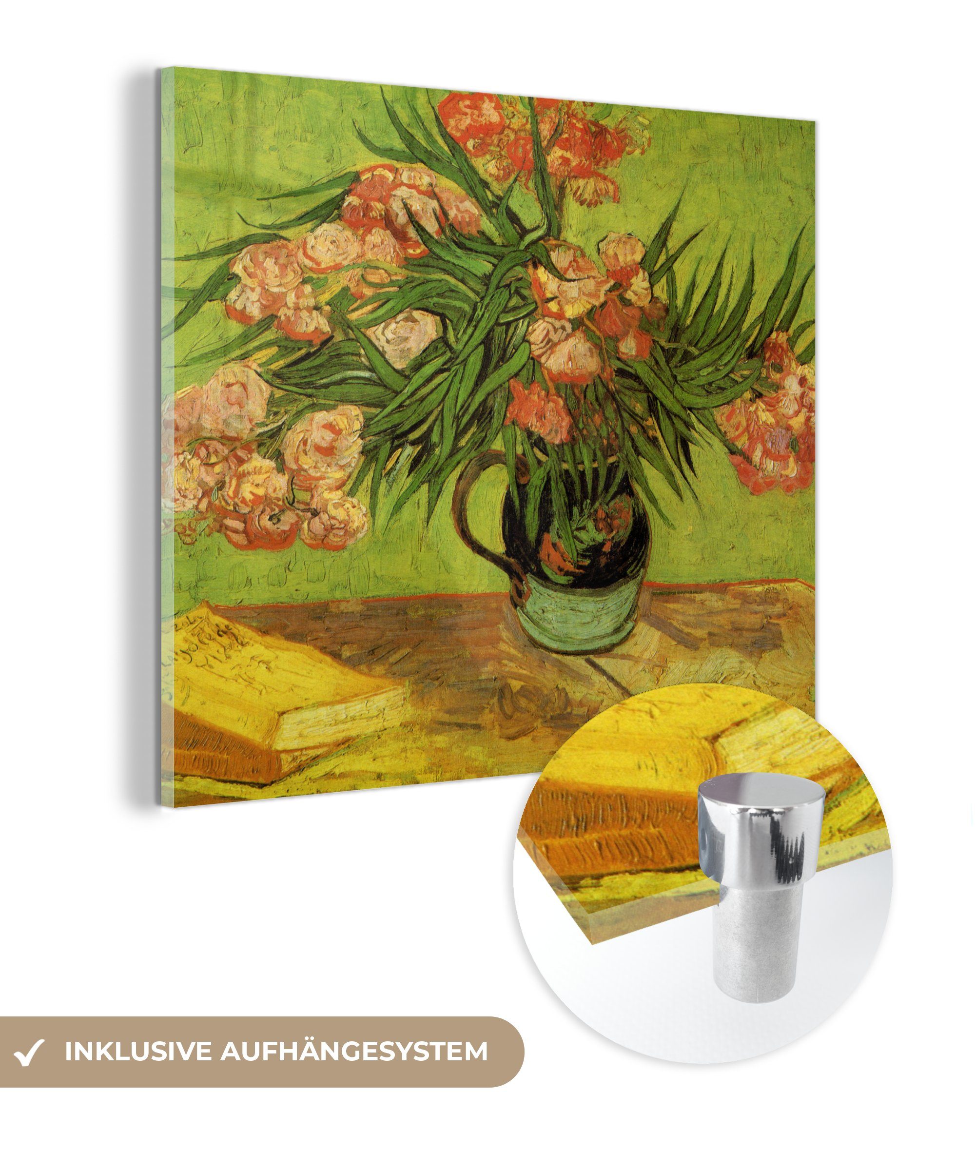 MuchoWow Acrylglasbild Stillleben Vase mit Oleander und Büchern - Gemälde von Vincent van, (1 St), Glasbilder - Bilder auf Glas Wandbild - Foto auf Glas - Wanddekoration