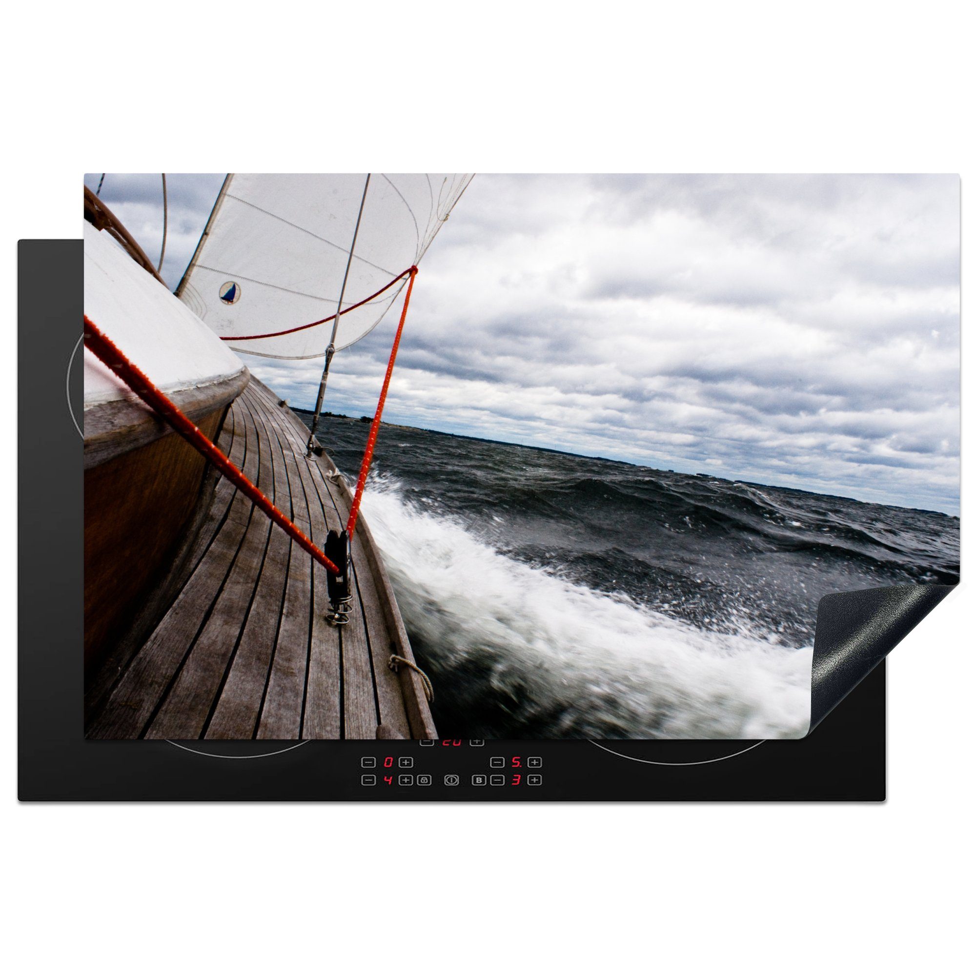 MuchoWow Herdblende-/Abdeckplatte Segelboot aus Holz Vinyl, Meer, dem cm, für Ceranfeldabdeckung tlg), Induktionskochfeld auf segelt 81x52 die küche, (1 Schutz