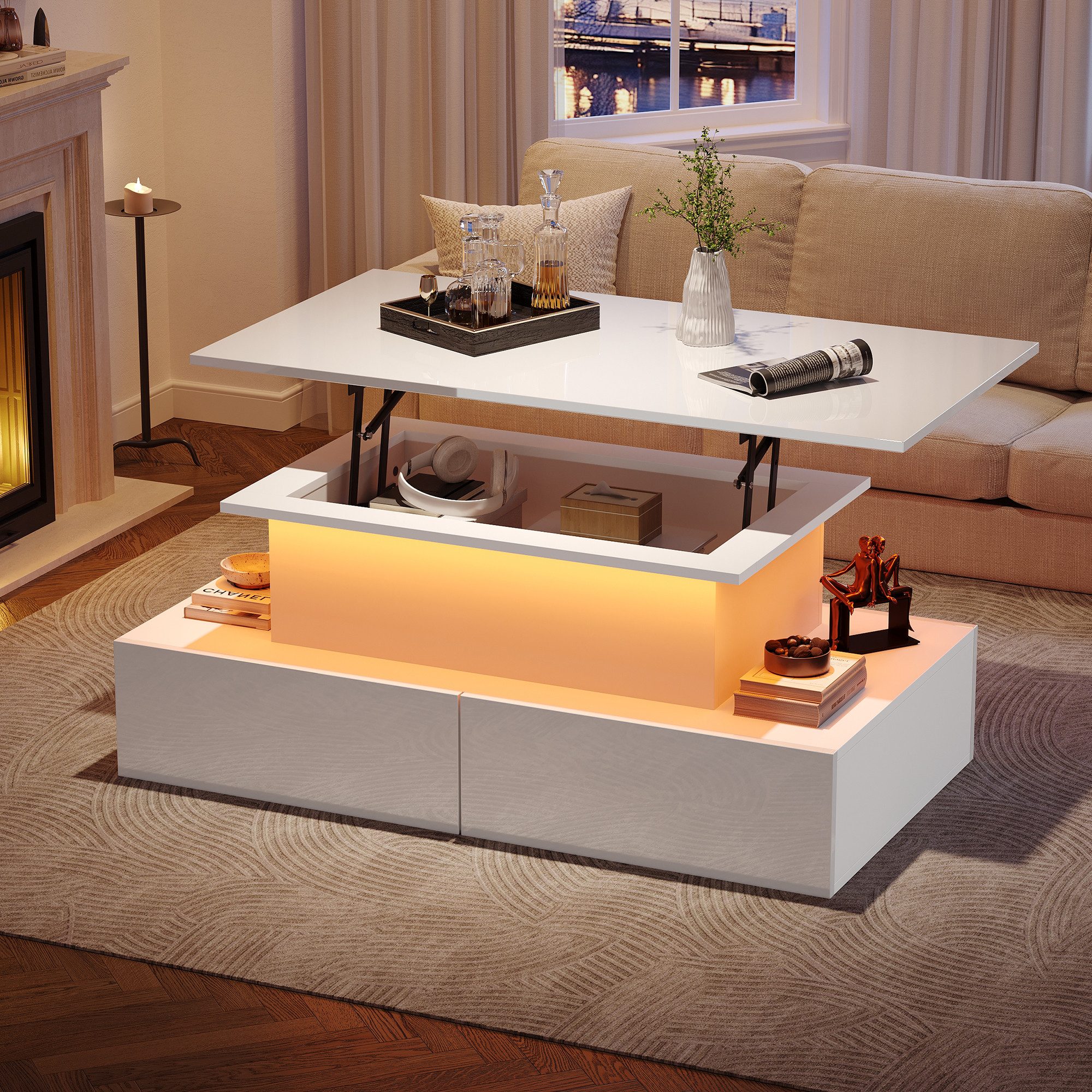 Merax Couchtisch hochglanz Sofatisch Beistelltisch mit LED und hydraulischer Lift (Lift-Teetisch, 90x55x41cm), Wohnzimmertisch mit 4 Schubladen und Stauraum inkl. Fernbedienung