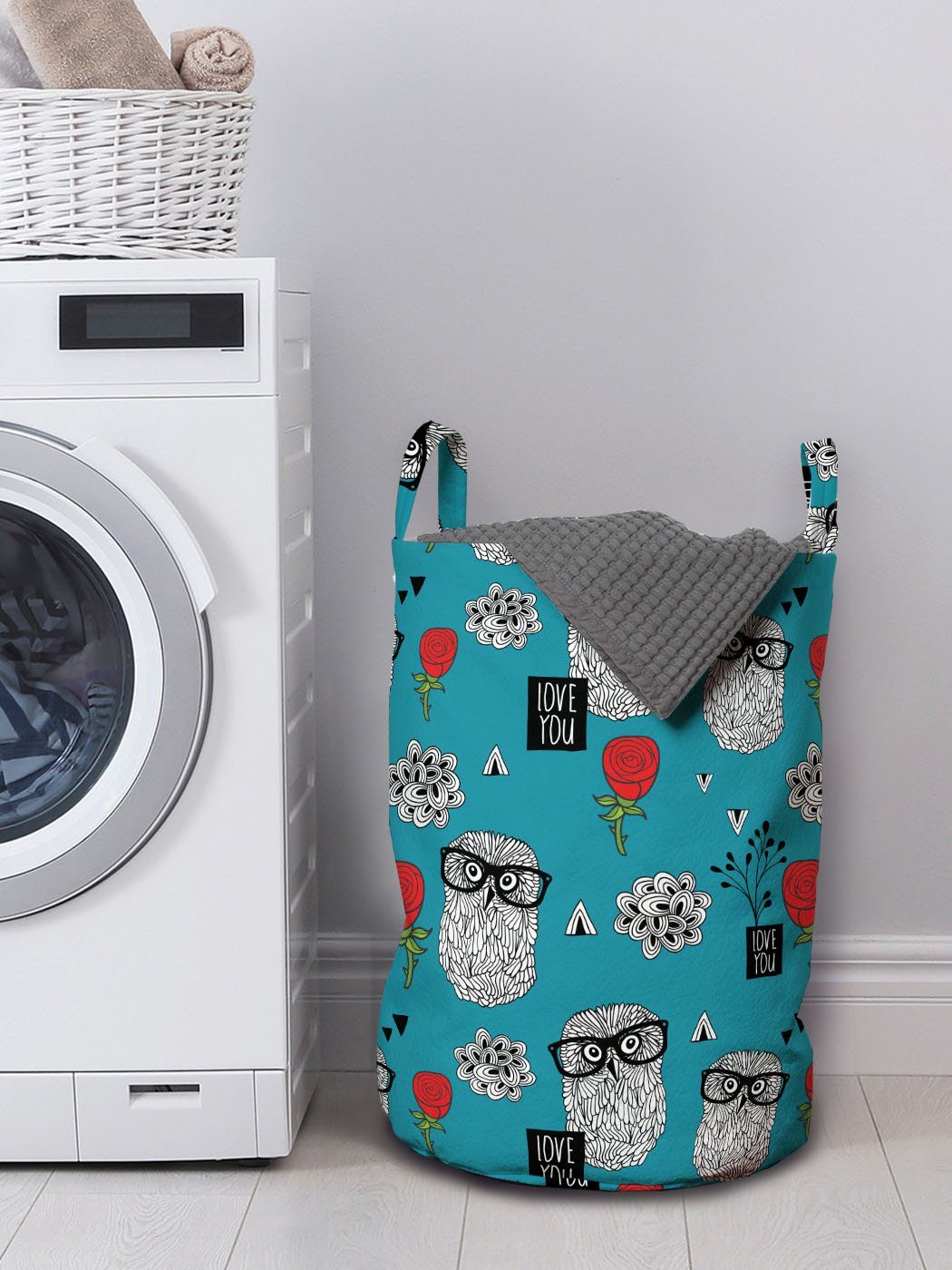 Abakuhaus Wäschesäckchen und Wäschekorb mit für Griffen Smart-Eulen Rosen-Motiv Romantisch Waschsalons, Kordelzugverschluss