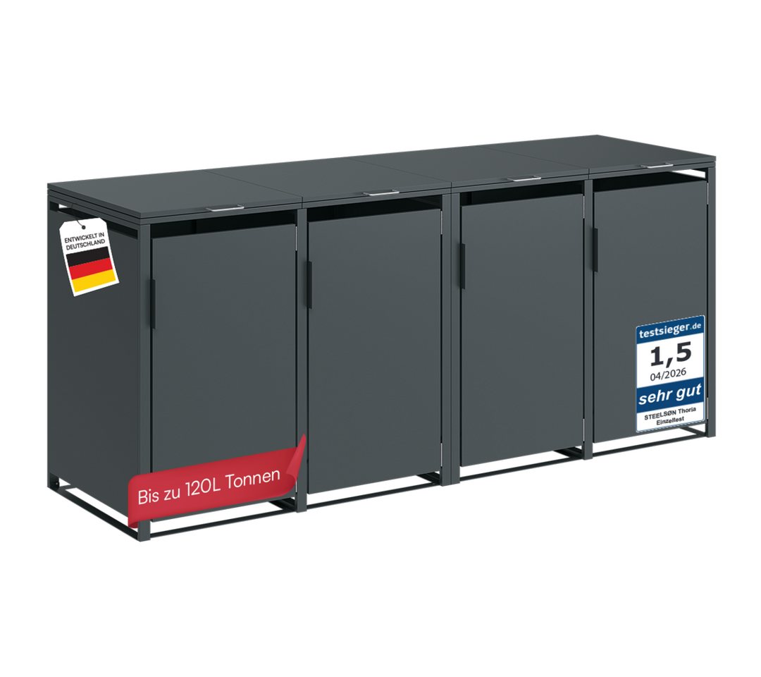 STEELSØN Mülltonnenbox Thoria 120 L aus verzinktem Stahl, magnetischer Türgriff (Anthrazit, verfügbar mit 1, 2, 3, 4, oder 5 Türen), für 4 Mülltonnen