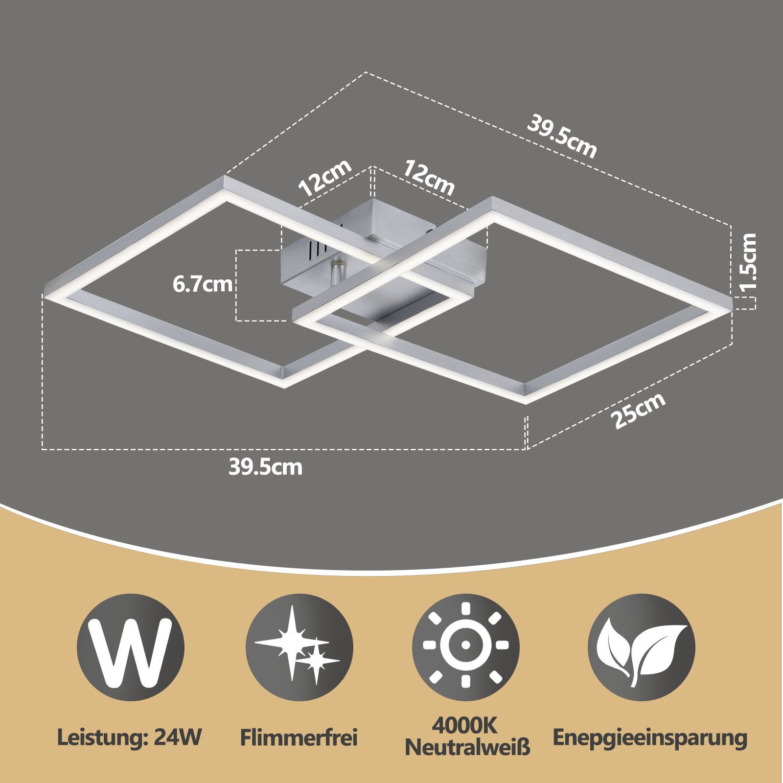 ZMH LED Deckenleuchte Wohnzimmer 2 Rahmen Schwarz Quadratisch Deckenlampe Modern 3000/4000K, Augenschutz, Einfache Installtion, LED fest integriert, Warmweiß, 24W Esszimmerlampe Eckig für Kinderzimmer