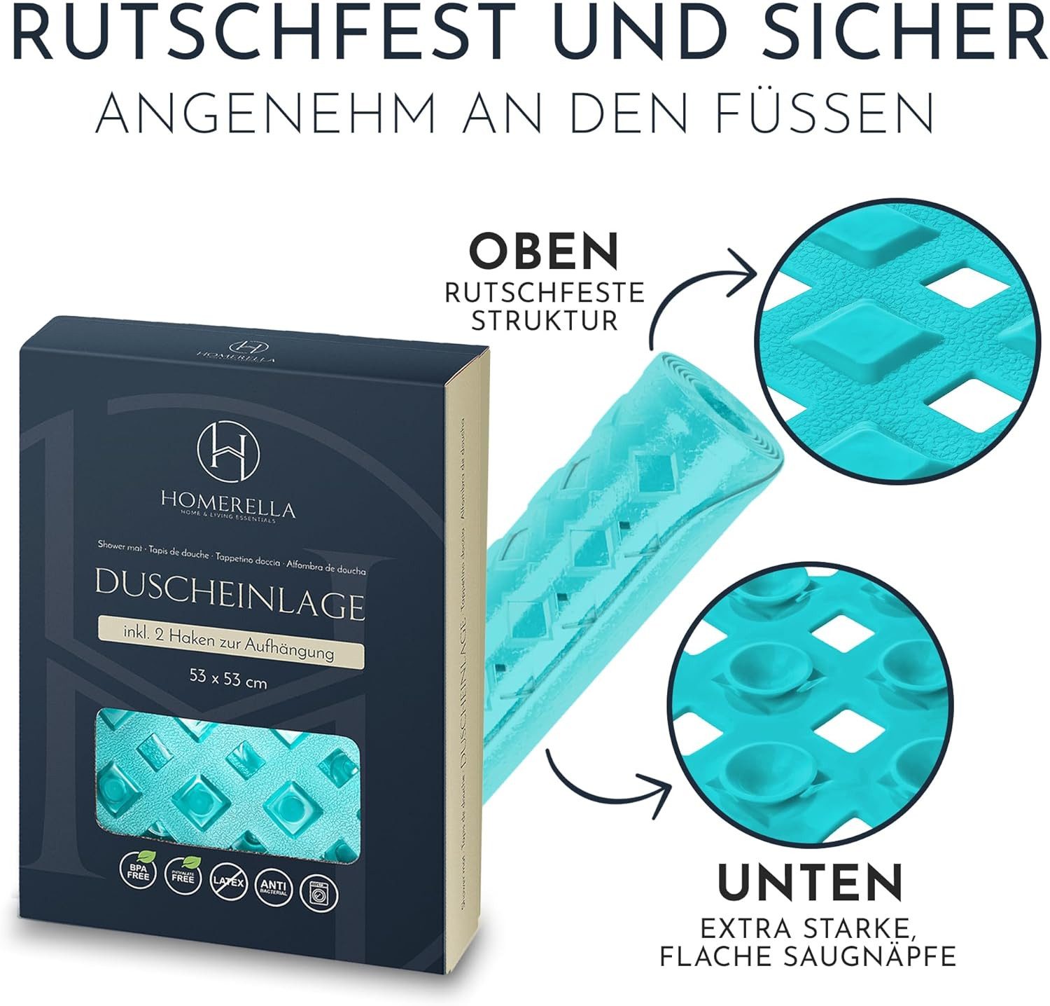 Homerella Duschmatte rutschfest Kinder - 100% BPA frei Inkl. 2 Haken zum Aufhängen 53x53cm, Antirutschmatte Dusche Baby hautintensiv & schimmelresistent, - Dusc – Bild 4 von 5