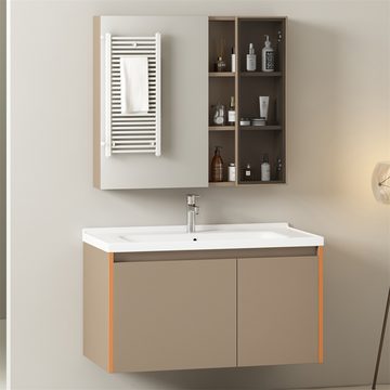 Sweiko Waschbeckenunterschrank Badezimmer Badmöbel Set :Waschbeckenunterschrank hängend 90cm breit (mit Keramikwaschbecken,Schubladen,Spiegelschrank) Hellbraun