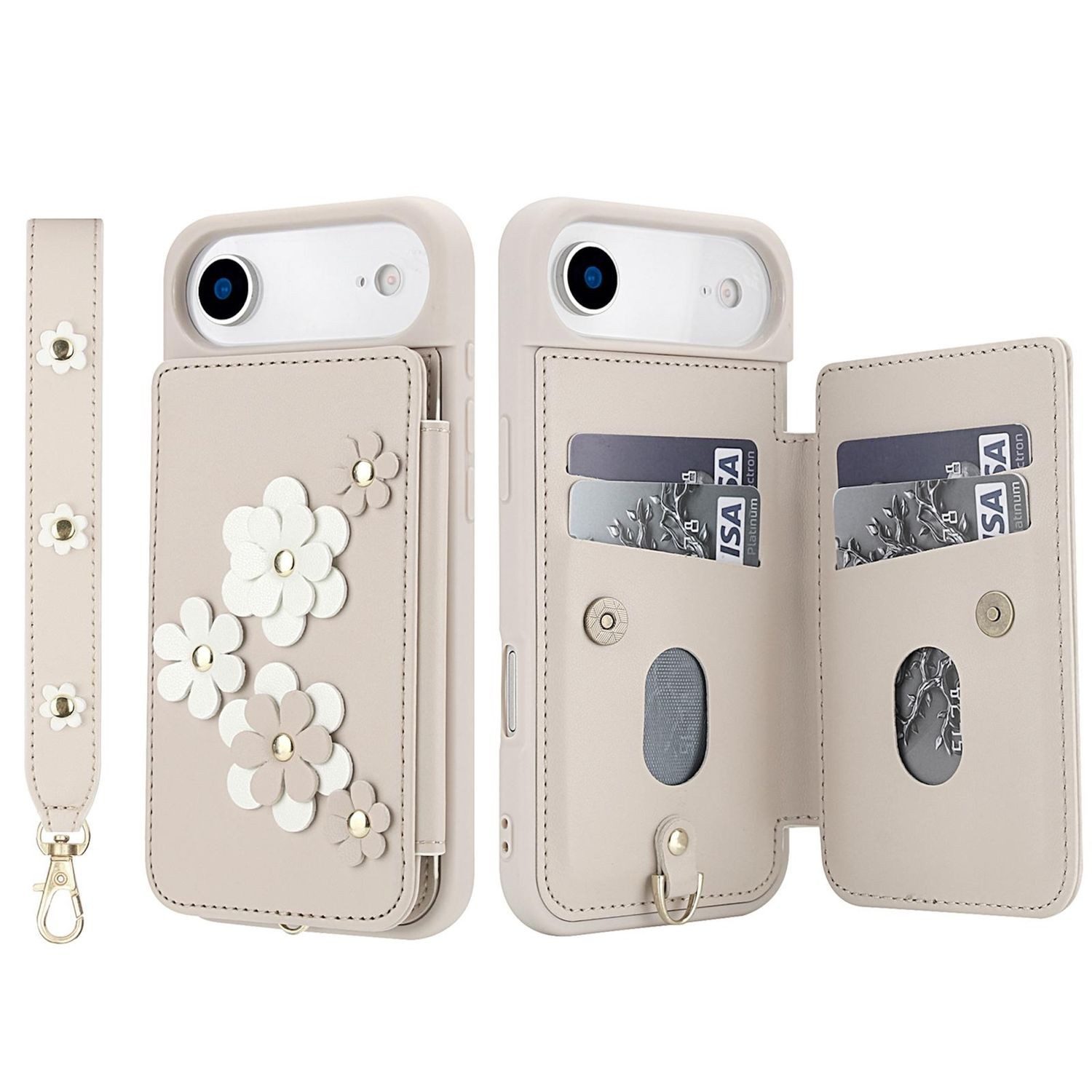 Wigento Handyhülle Für Apple iPhone 17 Air Hülle Crossbody Kunstleder Blumenmuster Weiß, Mit Kartenfächern, Gurt, Kickstand-Funktion