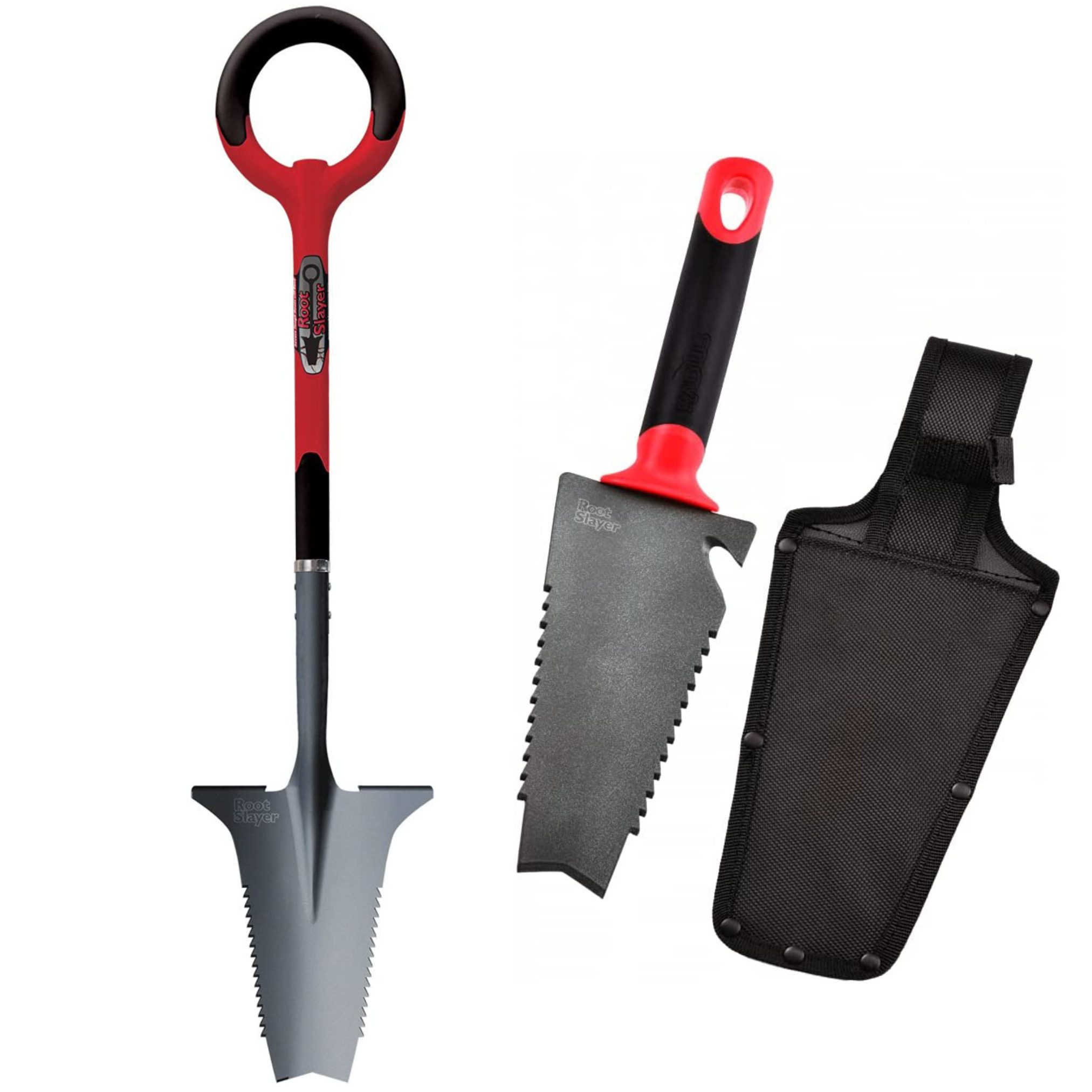 Root Slayer® Spaten Radius Set Wurzelspaten + Blumenkelle, (Spar-Set, 2-St., Garten), Wurzelspaten & Schaufel, Klinge mit Zähnen zum Schneiden der Wurzeln