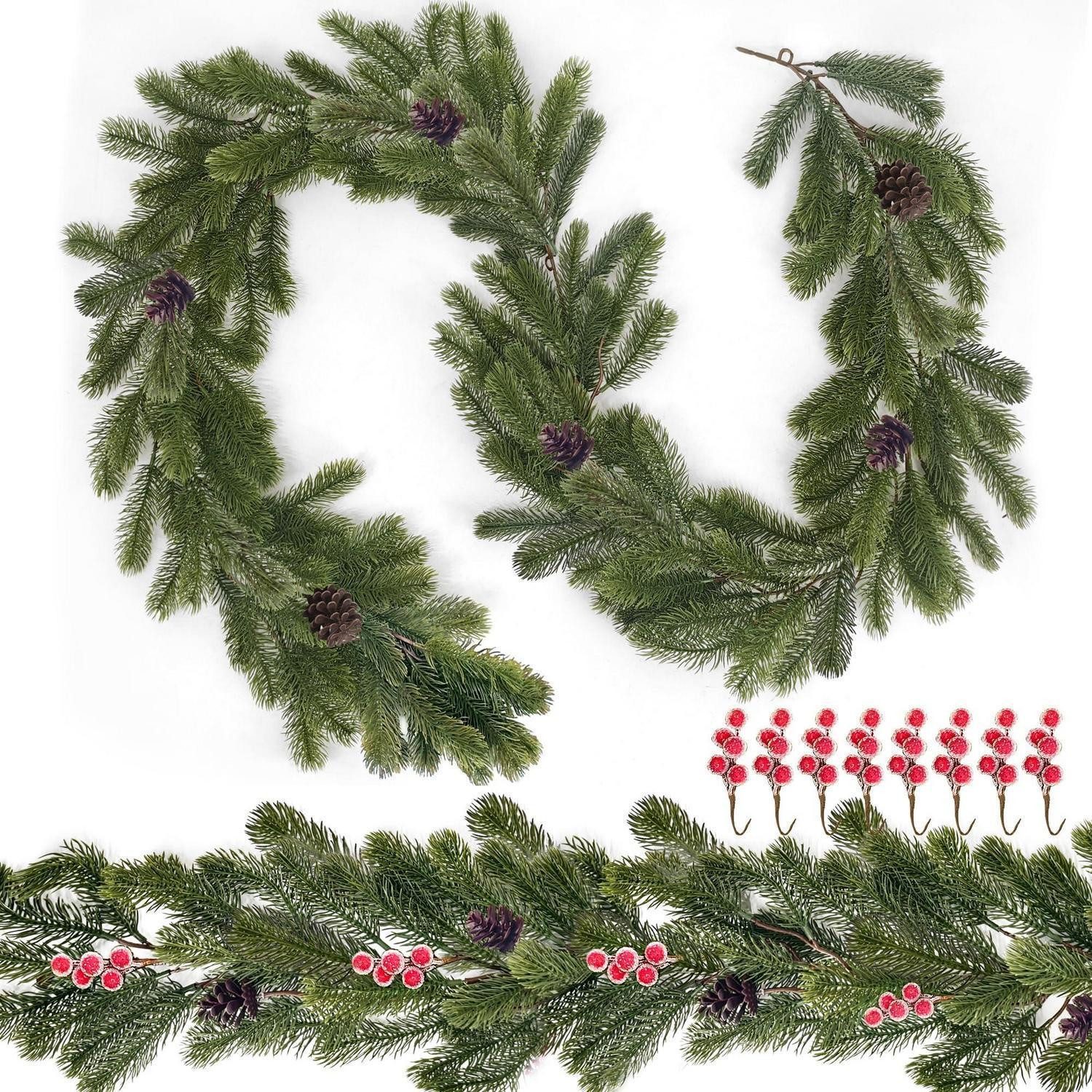 Kunstgirlande Weihnachtsgirlande Tannengrün mit roten Beeren 1.95m, LuxusKollektion, Höhe 10 cm