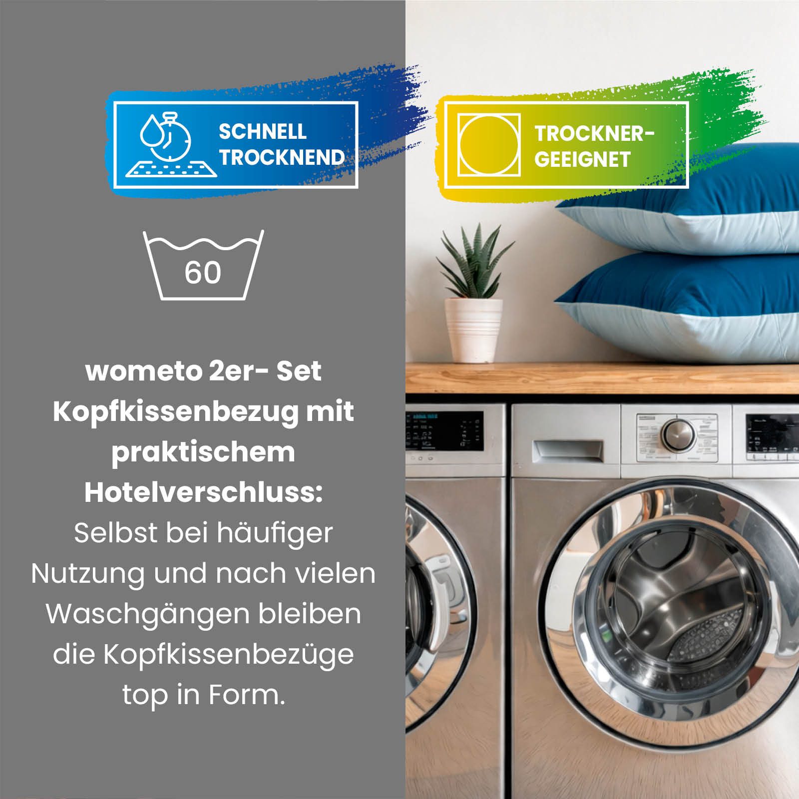 wometo Microfaserbettdecke Microfaser Kissenhüllen Doppelpack blau 40x80, OEKO-TEX®, praktischer Hotelverschluss