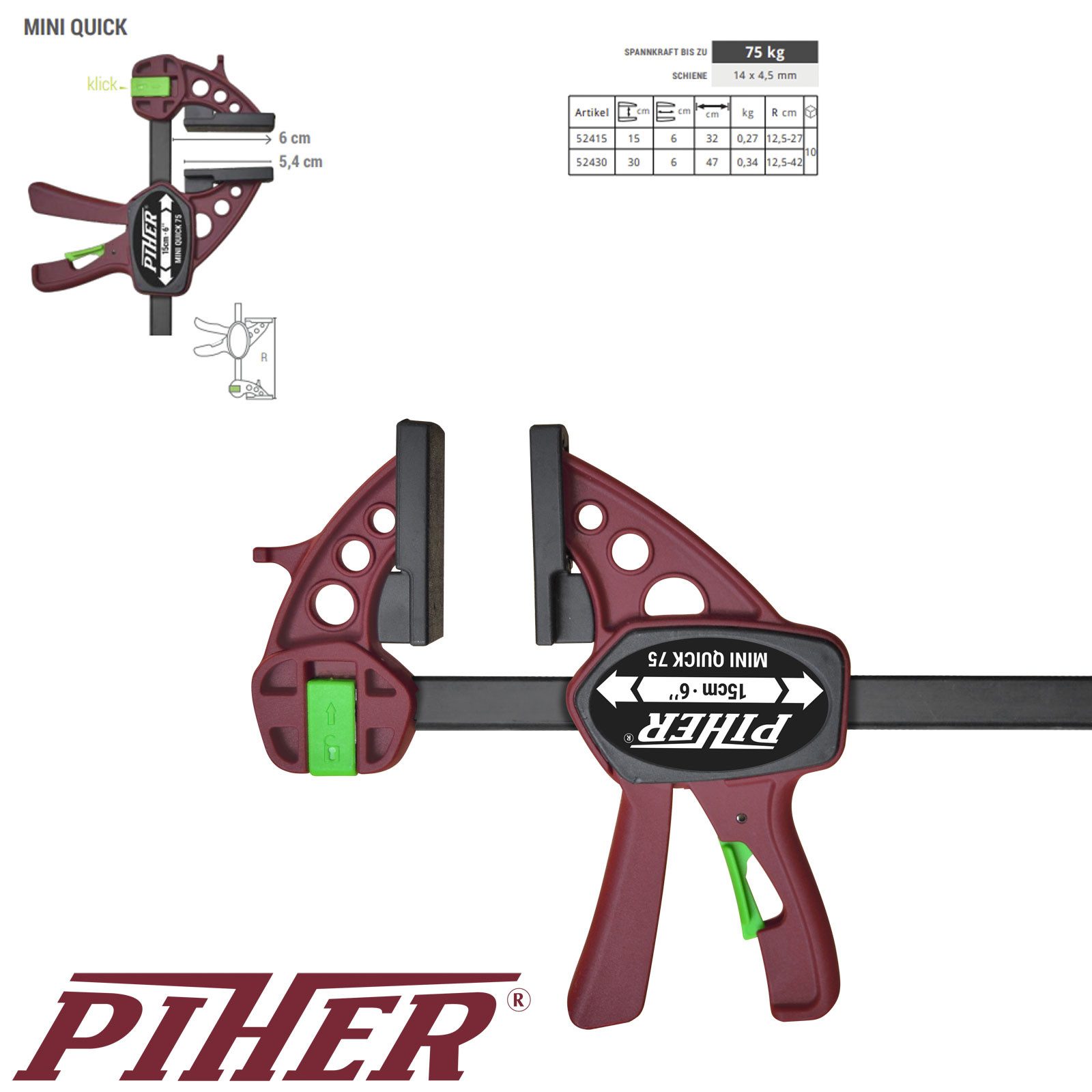 Piher Schraubzwinge Piher Mini Quick Einhandzwinge 15 cm, (Einzeln)