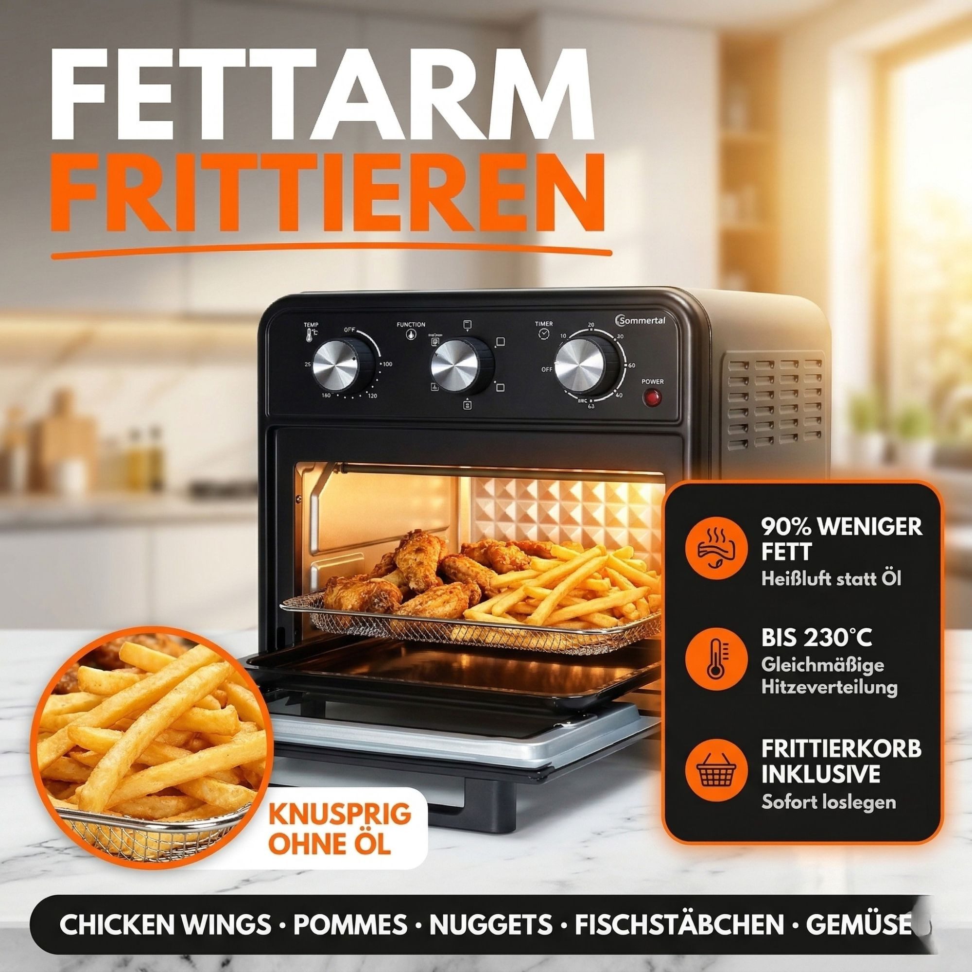 Sommertal Multiofen Sommertal Minibackofen 20 Liter mit Umluft & Heißluftfritteuse, 1800 Watt, Airfryer Funktion, 100–230°C, 60 Min. Timer