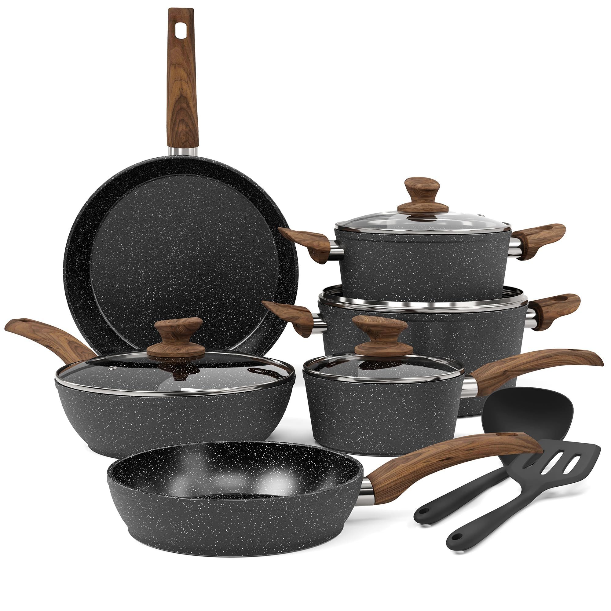 Kitchen Academy Topf-Set, Aluminium, Granit (12-tlg, Pfanne 20cm/28cm, Bratpfanne mit Deckel 24cm, Stielkasserolle mit Deckel 17cm/20cm/24cm, 2 Silikonspatel), Induktion Töpfe Set 12-teilige Granit Kochtöpfe Set