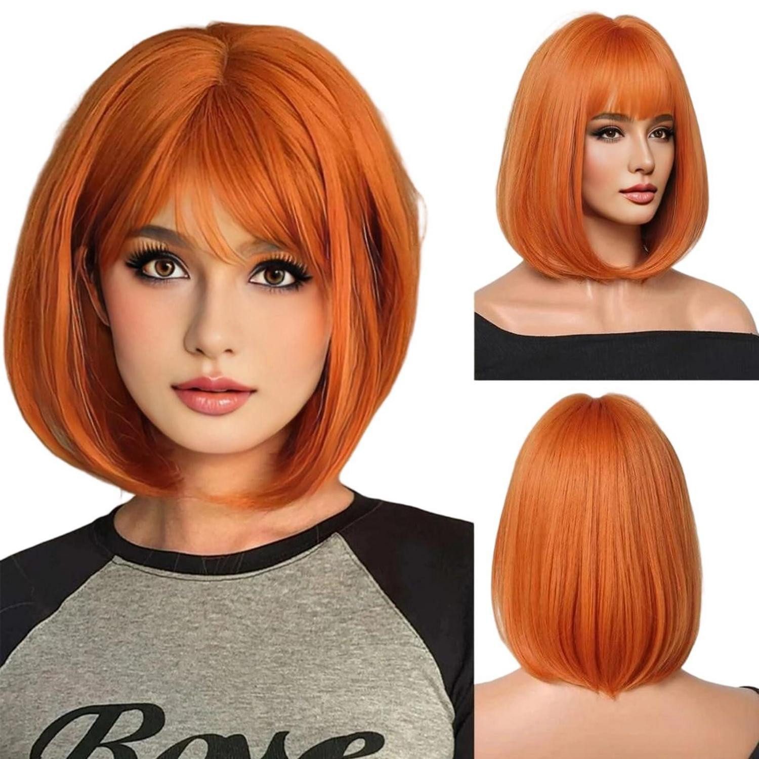 LuxusKollektion Kunsthaarperücke Perücke Bob kurz orange mit Pony synthetisch
