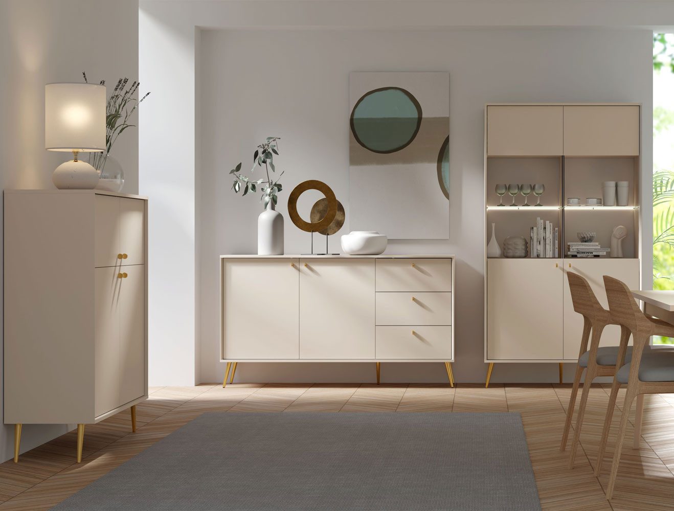 Feldmann-Wohnen Esszimmer-Set Rose, (Ausführung 3-teilig, mit Türen, mit Schubladen, 3-St., moderne Optik, Ausführung 3-teilig), sandbeige 3-teilig