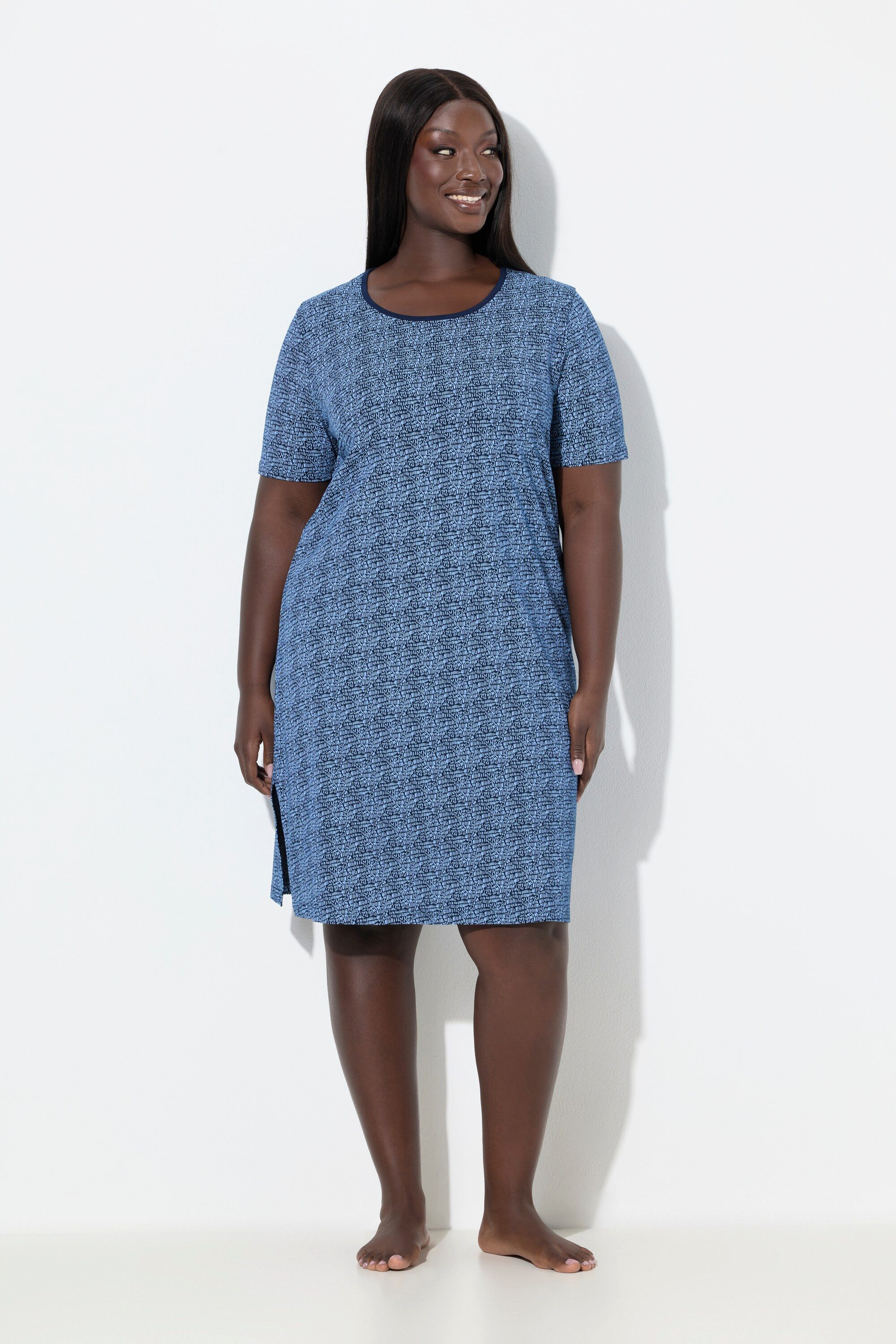 Ulla Popken Bigshirt Nachthemd Muster Rundhalsausschnitt Halbarm