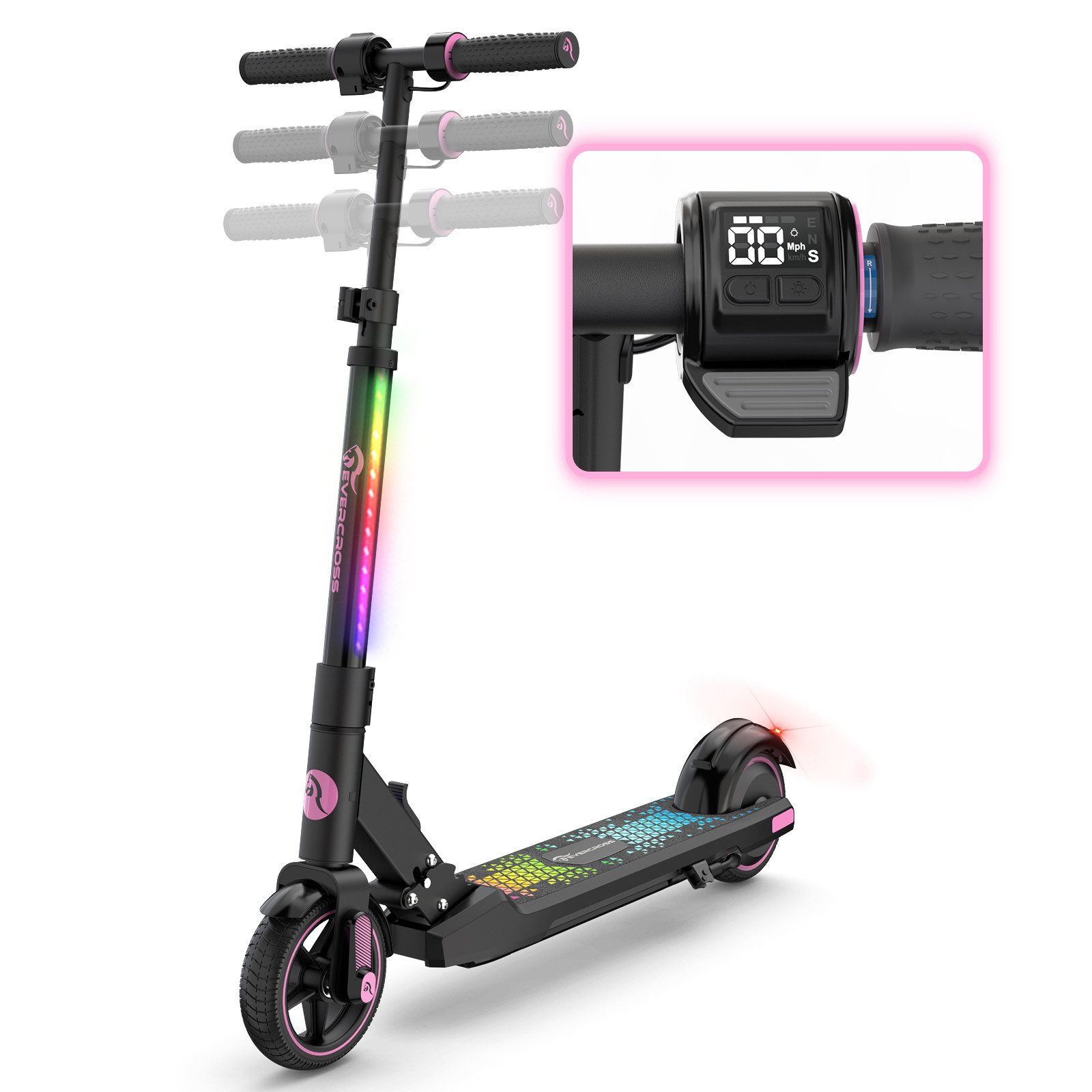 EVERCROSS TECH Elektro-Kinderroller EV06C 6.5'' Faltbarer E Scooter für Kinder 6-12 Jahren, bis zu 8 km, max 15KM/H, LED Display, Bunte Leuchten