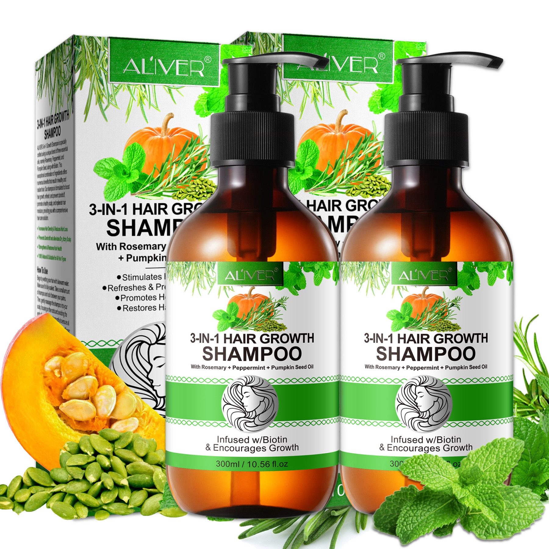 ALIVER Haarshampoo Rosmarin Minze Kürbis Öl mit Biotin für Kopfhaut Pflege Haarwachstum, 2-tlg., Enthält Mineralien, Enthält Vitamine, Ohne Tierversuche