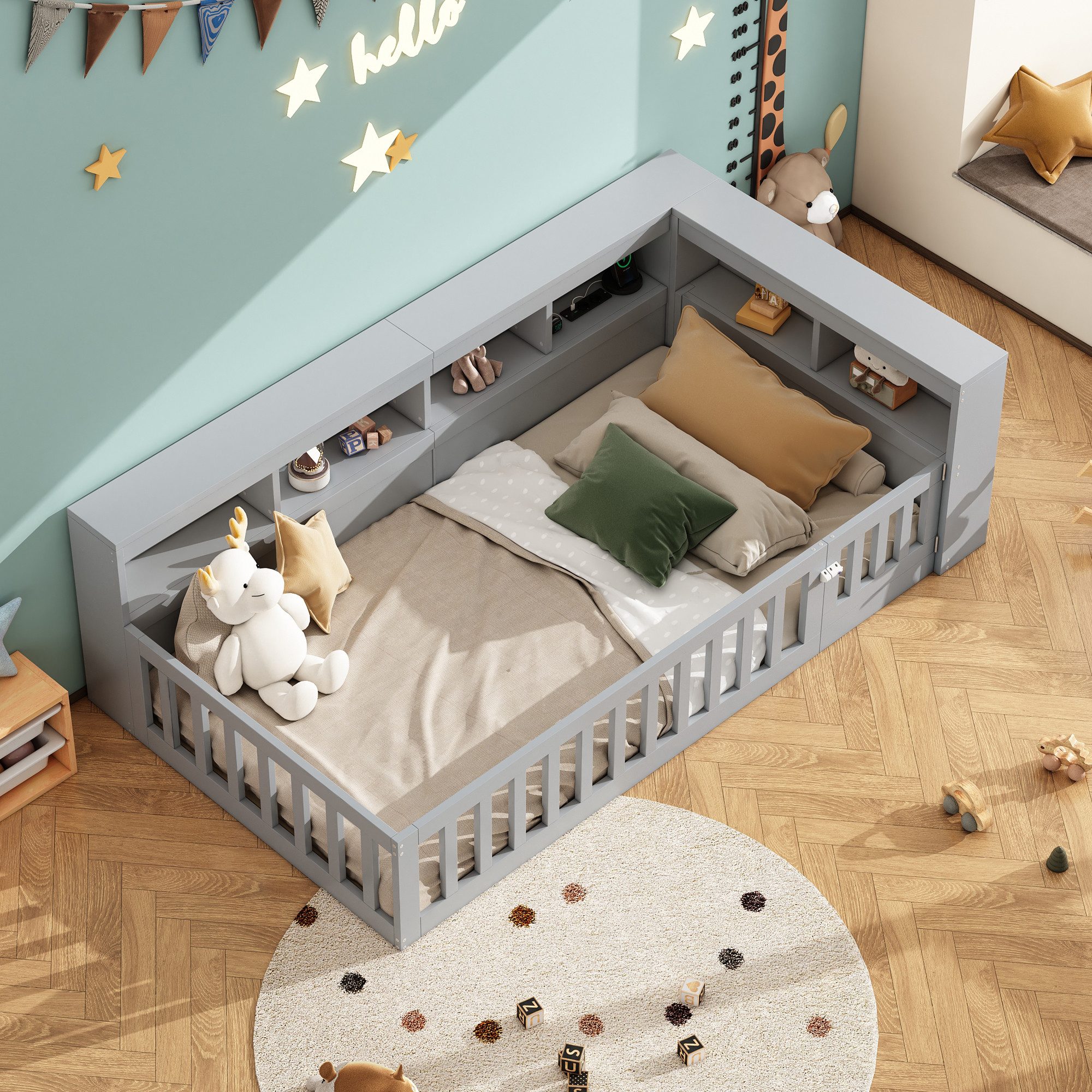 Flieks Holzbett, Kinderbett Daybett 90x200cm mit Stauraum, Aufladen und Geländer