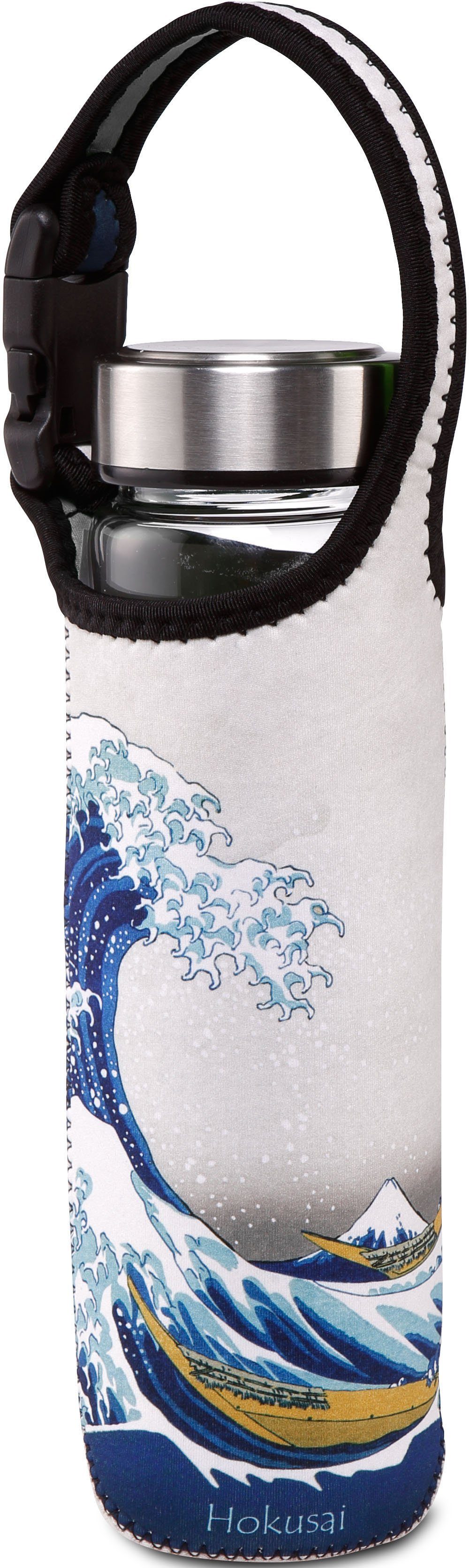 Katsushika Edelstahldeckel Trinkflasche in 700 ml Goebel Neoprenhülle, mit "Die bedruckter Hokusai Welle", - individuell