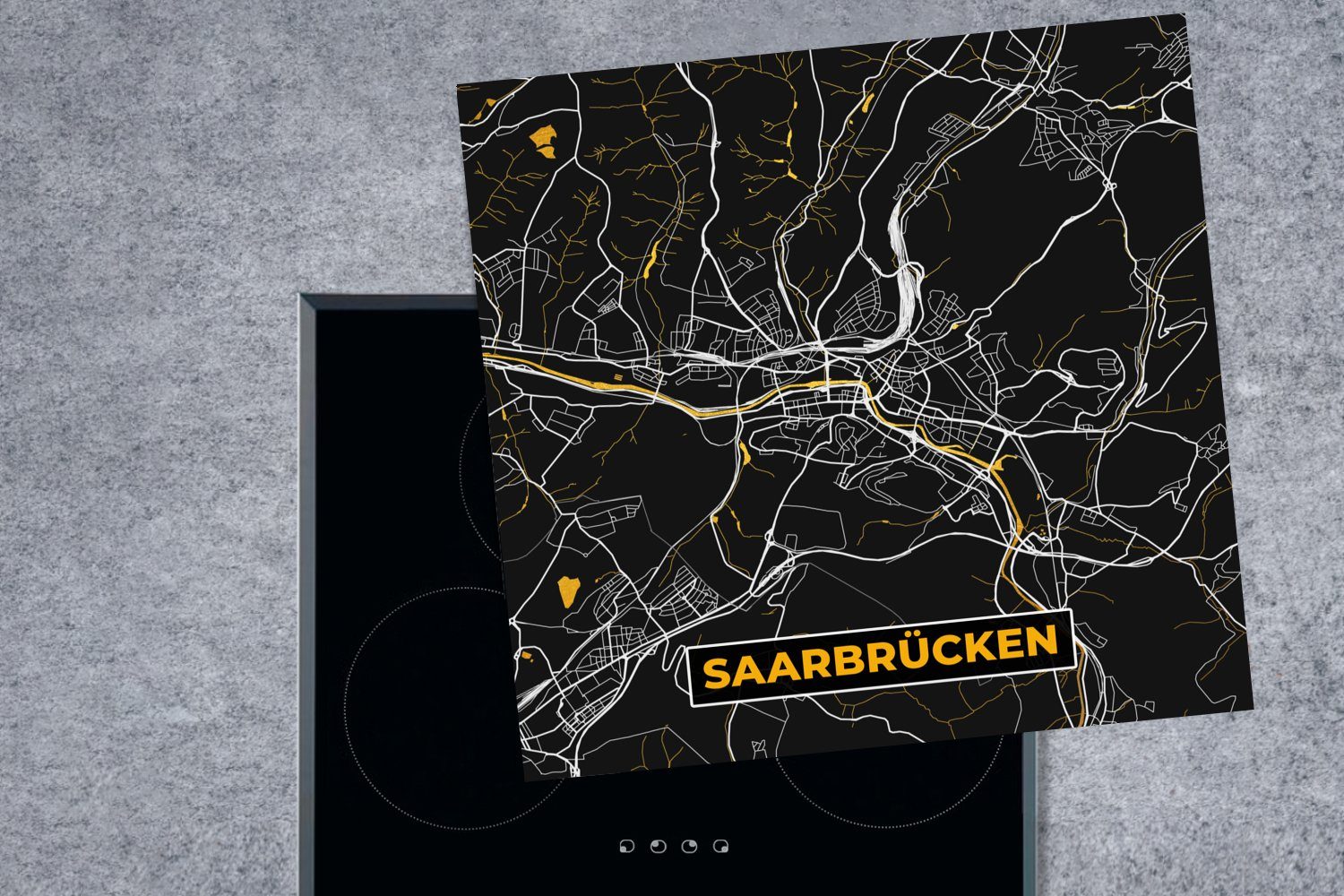 (1 - Karte, Arbeitsplatte Vinyl, Saarbrücken küche tlg), - Deutschland - cm, Schwarz MuchoWow und Herdblende-/Abdeckplatte 78x78 für - Ceranfeldabdeckung, Stadtplan Gold