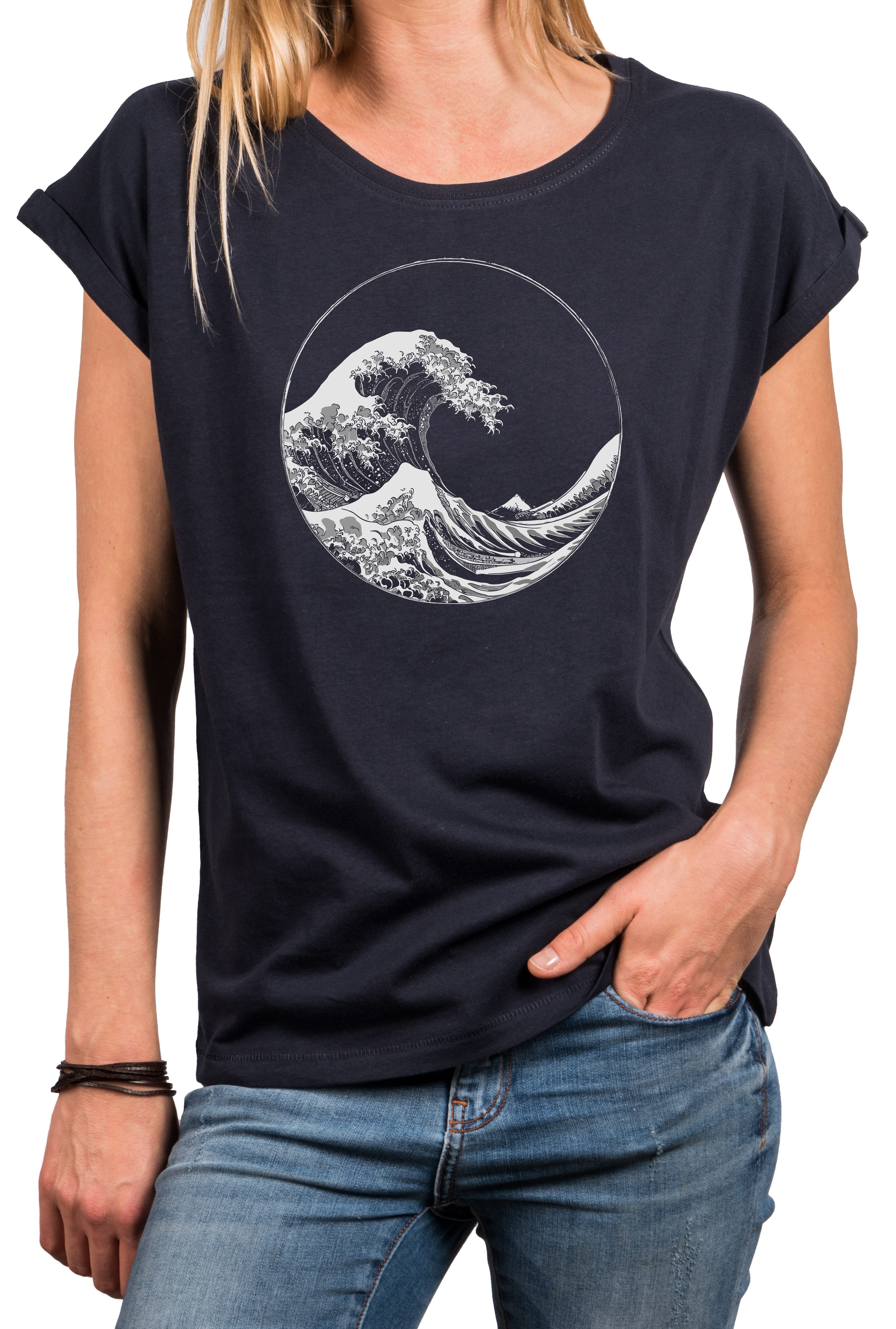 MAKAYA T-Shirt Maritimes Damen-Top mit Wellen-Motiv – Surf-Style für den Sommer (Schwarz, Blau, Dunkelgrau, Grün, 34, 36, 38, 40, 42, 44, 46, 48, 50) Baumwolle