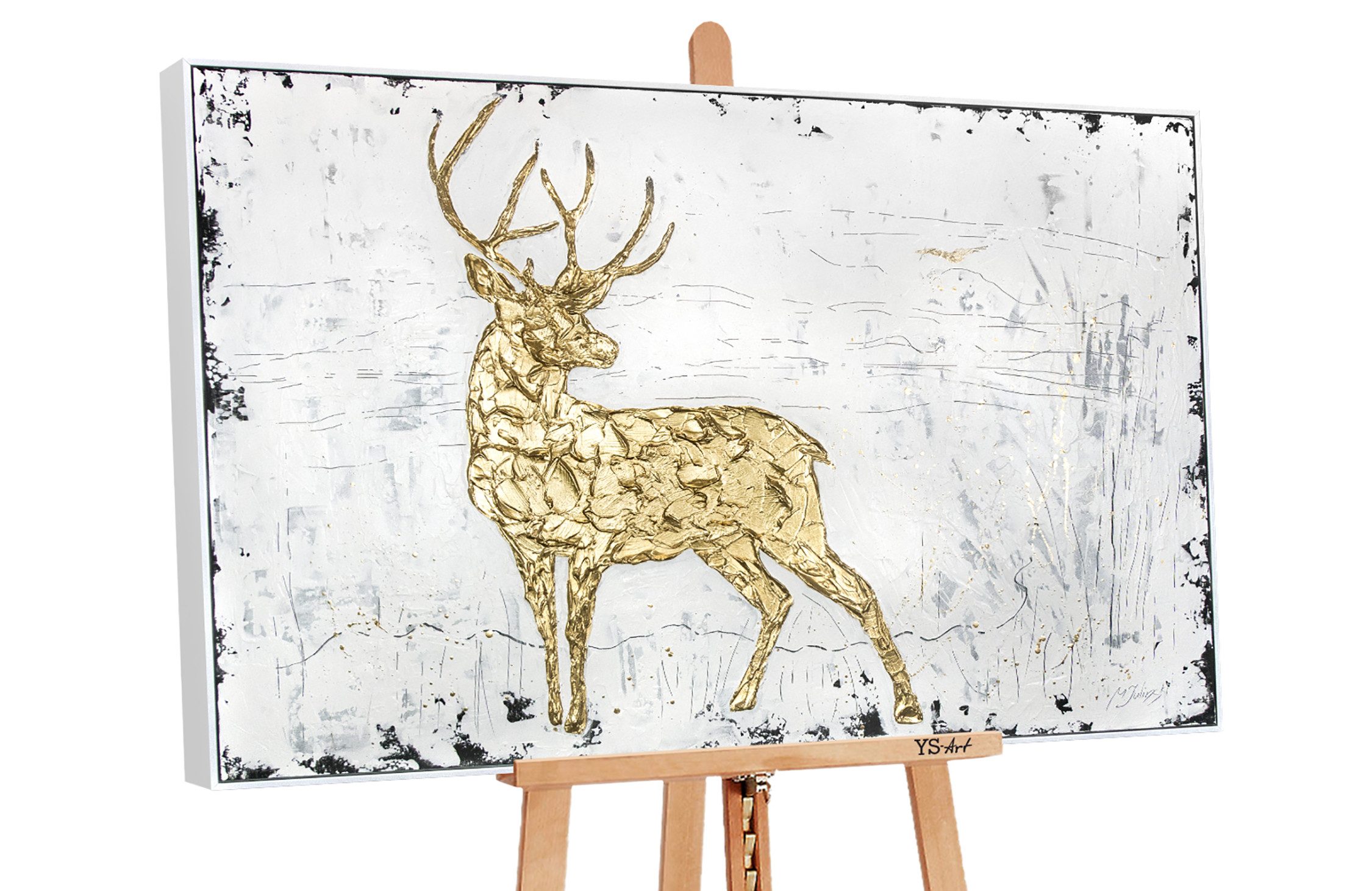 YS-Art Gemälde Goldene Würde, Tiere, Hirsch auf Leinwand Handgemalt in Gold Leinwanbild mit Rahmen