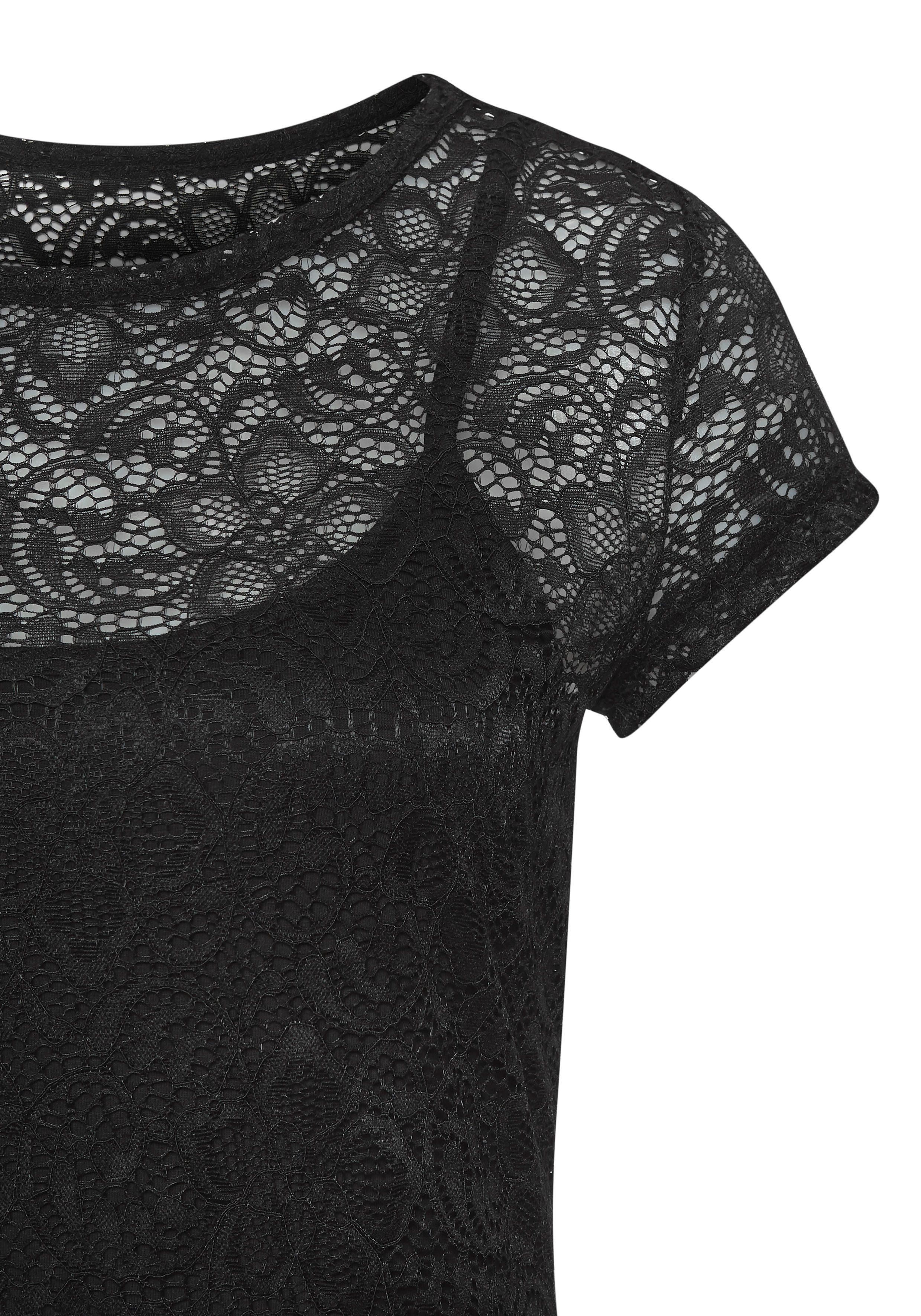LASCANA Spitzenshirt (Packung, mit Spaghettitop) T-Shirt aus transparenter Spitze mit Blumenmuster, Partyshirt