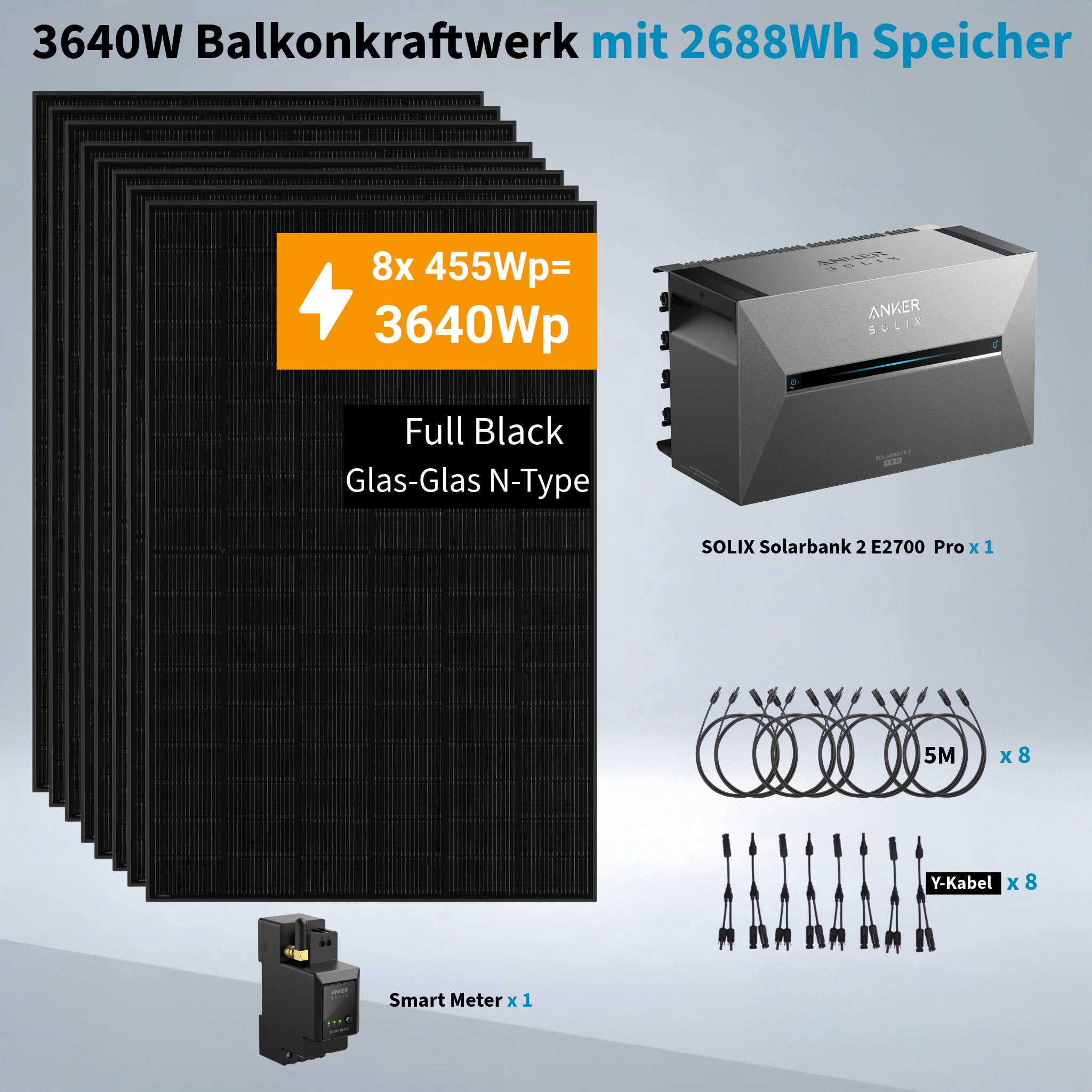 Anker Balkonkraftwerk Solix 3640W Photovoltaikanlage Komplettset mit Solarbank E2700 3 Pro, 3640 W, (Set, 8 *455W Solarmodule+ Anker solarbank 3 Pro / Montageset/BP2700), mit Smart Meter, integriertem Wechselrichter, Wifi, Bluetooth, IP65