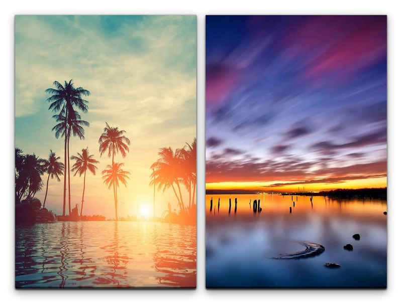Sinus Art Leinwandbild 2 Bilder je 60x90cm Palmen Miami Meer Sonnenuntergang Sommer Abendröte Urlaub