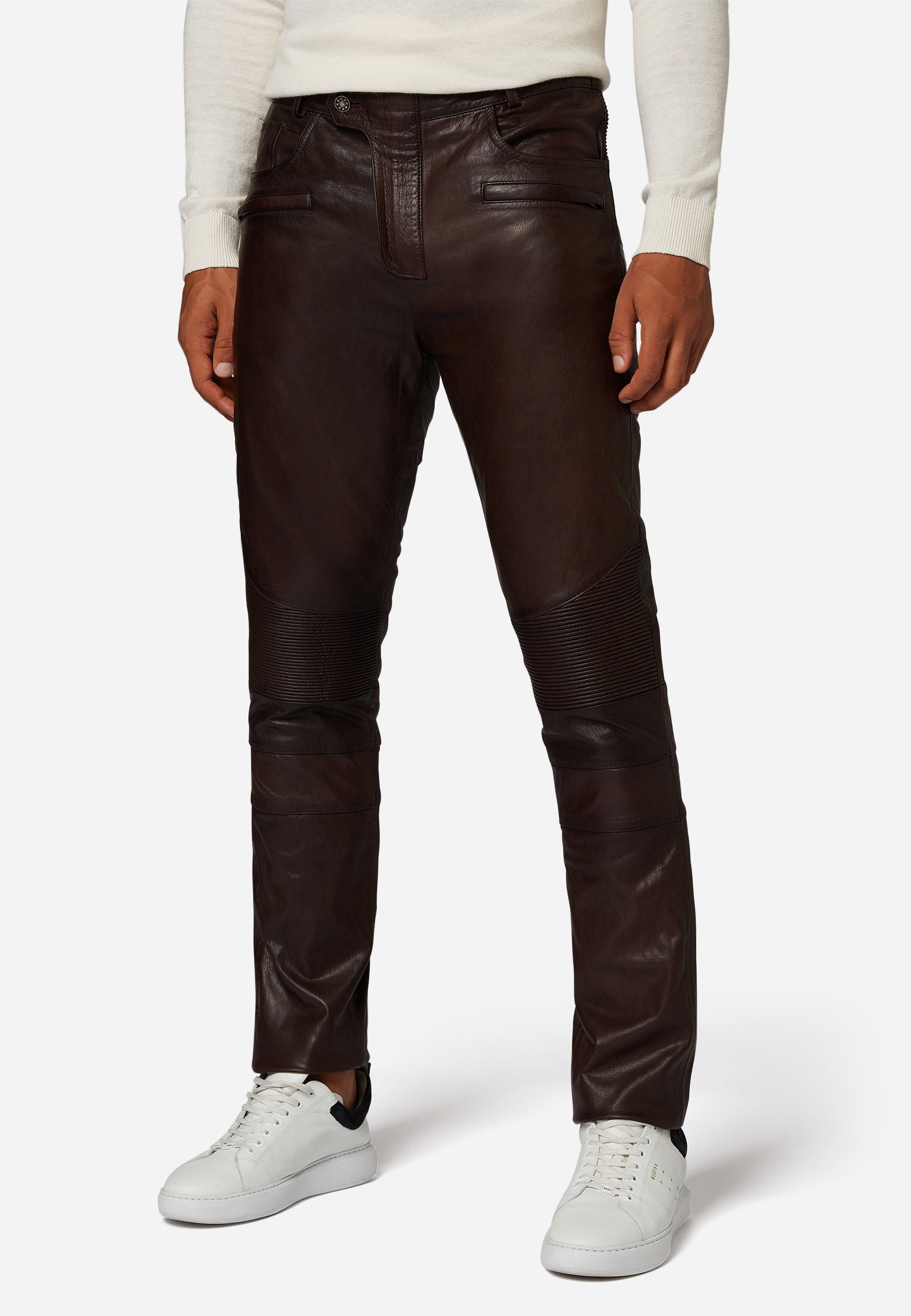 RICANO Lederhose Franklin Hochwertiges Lamm-Nappa Leder, Bikerapplikation Braun