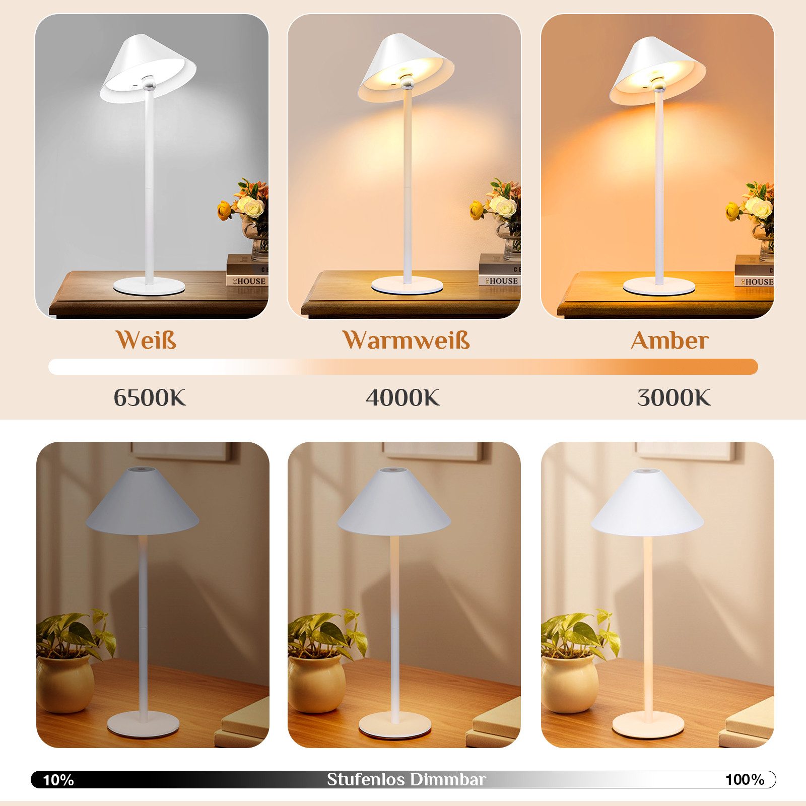 Lapalife Nachttischlampe LED Dimmbar Tischlampe Kabellos, Akku Tischleuchte, 3 Farbtemperaturen, Mit Touch Control für Indoor Nachttisch Terrasse Restaurant