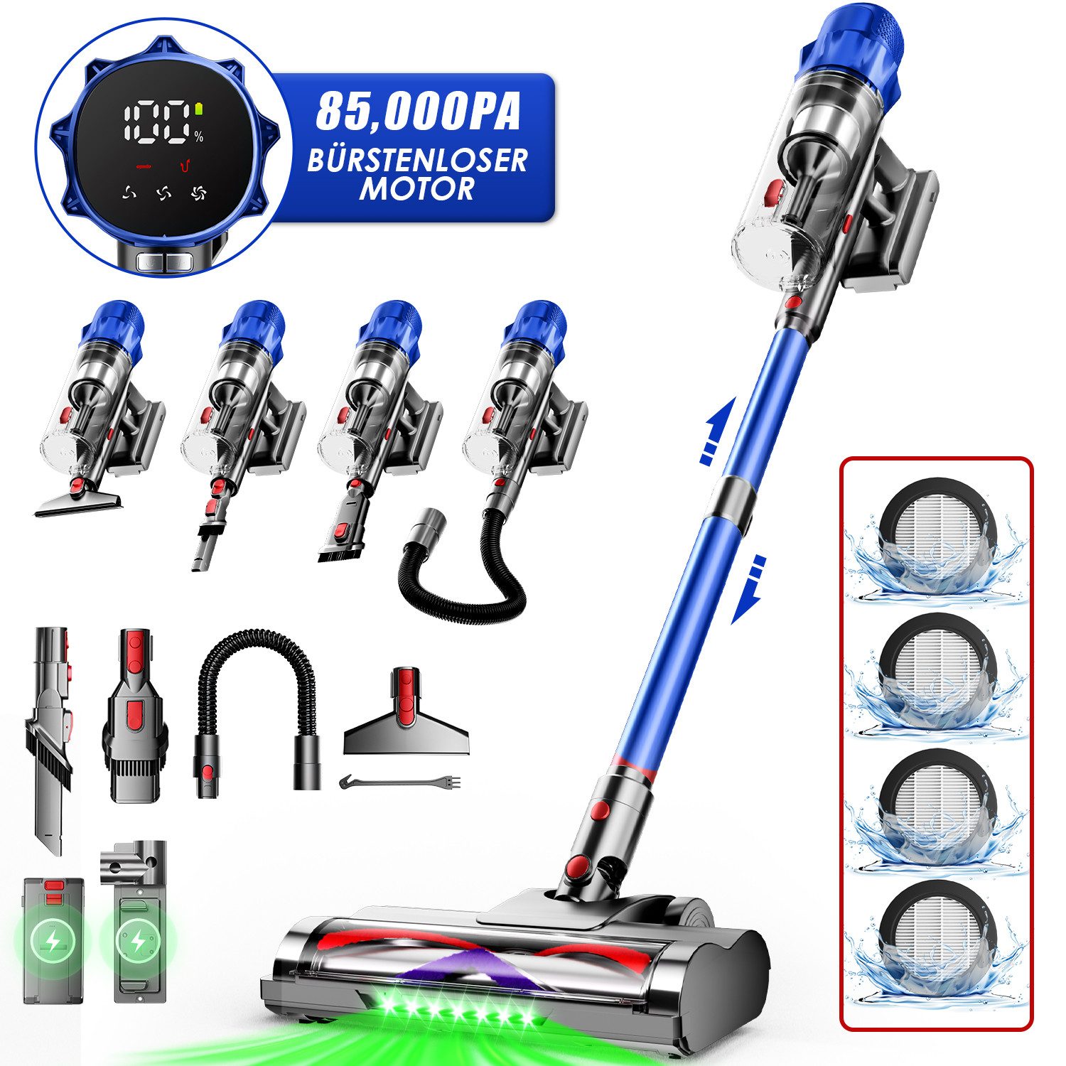 Hiazurm Akku-Hand-und Stielstaubsauger Akku Staubsauger,85000Pa/2.8L/70min OLED-Display Staubsauger Kabellos, 3 Stufen Bürstenloser Motor Stabstaubsauger Grüne Schmutz-Erkennung, Akkusauger für Tierhaare, Teppich & Auto