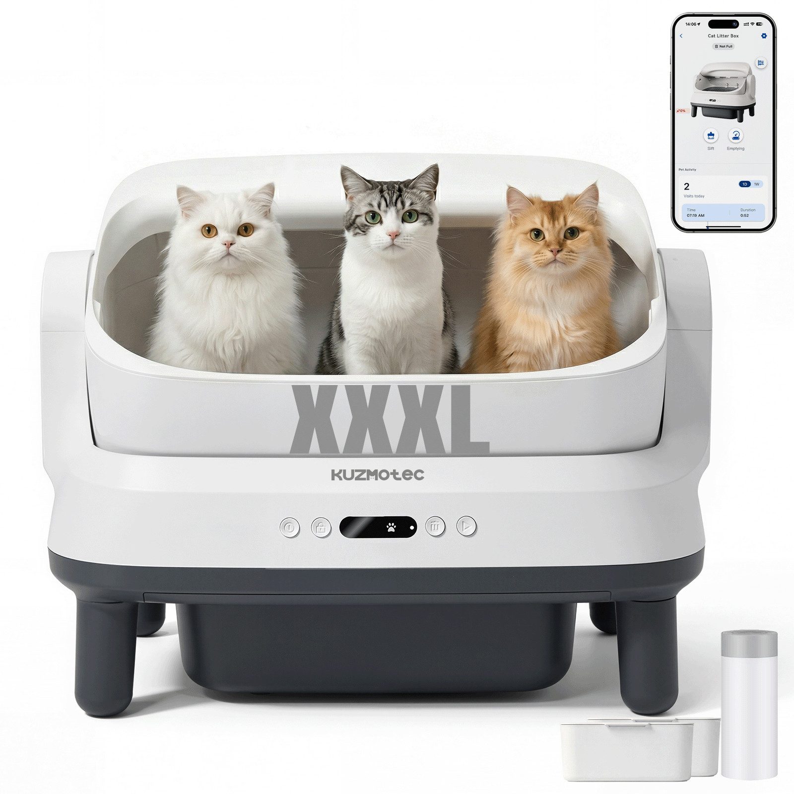KuzmoTec Katzentoilette 120L XXXL Offenes katzenklo selbstreinigend,für 1,5-16kg große Katzen, mit App, doppelte Geruchssperre, IPX5 wasserdicht