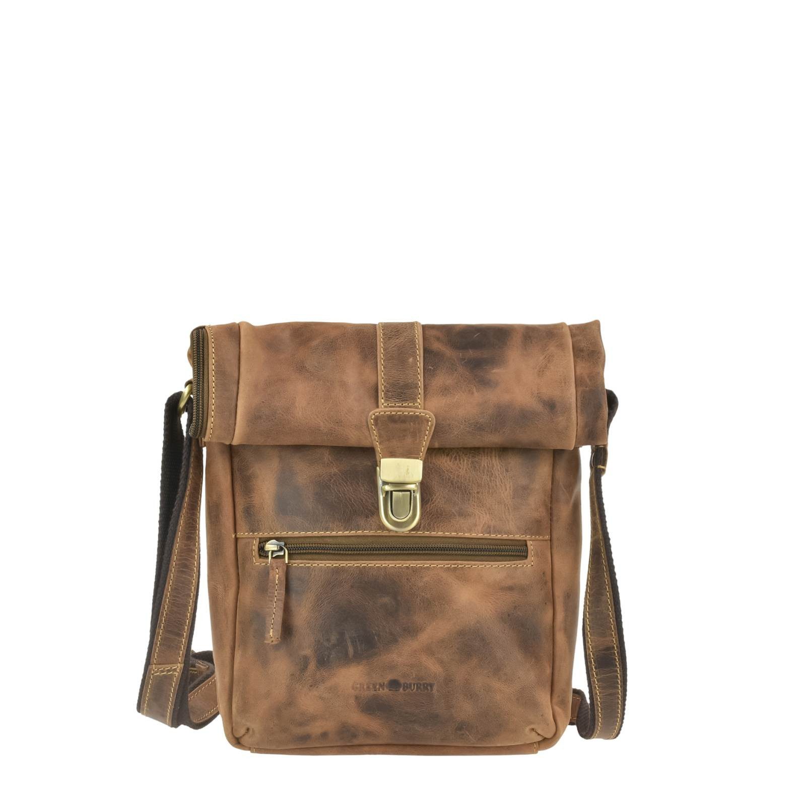 Greenburry Umhängetasche Vintage Schultertasche mit Rolltop Überschlag Leder antikbraun, Extra an Sicherheit druch rollbaren Überschlag mit Reißverschluss