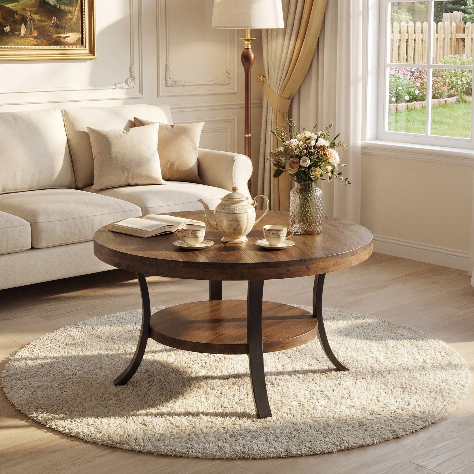 Tribesigns Couchtisch 80 cm Runder Beistelltisch mit zwei Ebenen, Nachttisch im Landhausstil