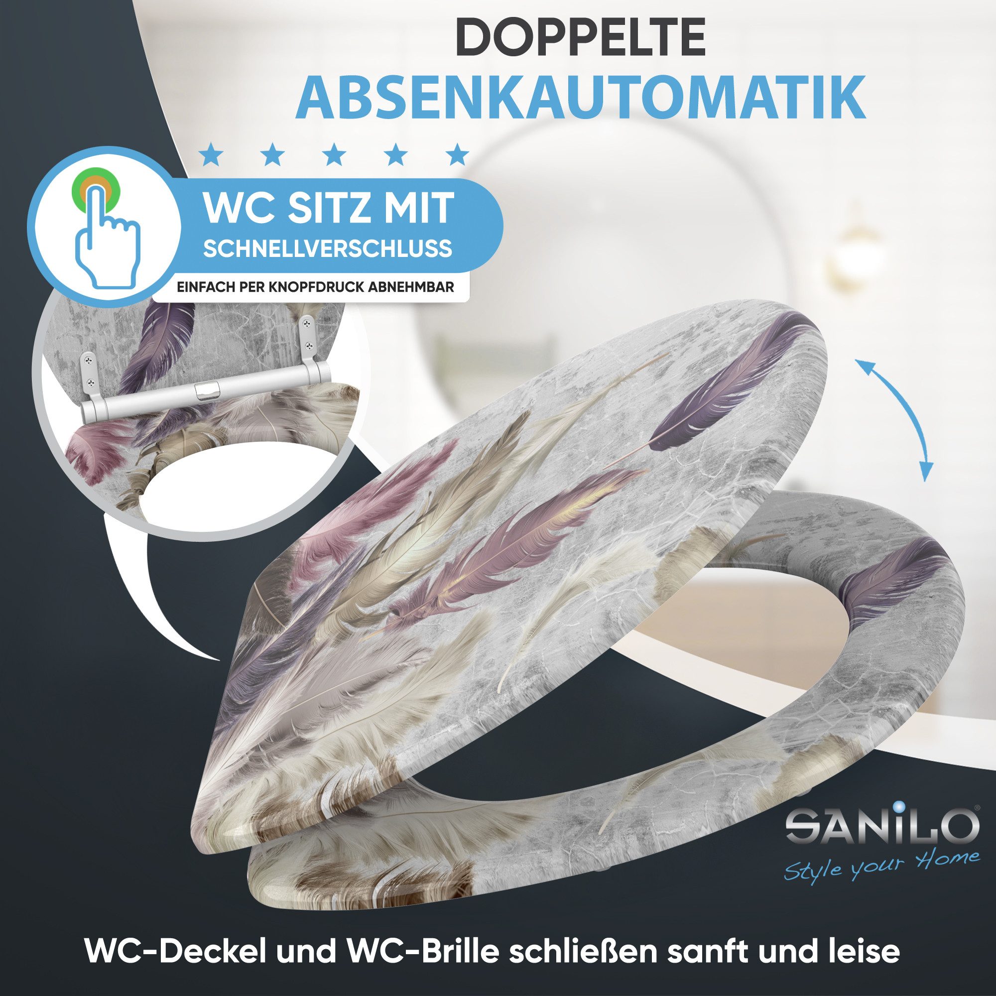 Sanilo WC-Sitz mit Absenkautomatik, viele Toilettendeckel direkt vom Hersteller, hochwertig & modern, universell, leichte Montage