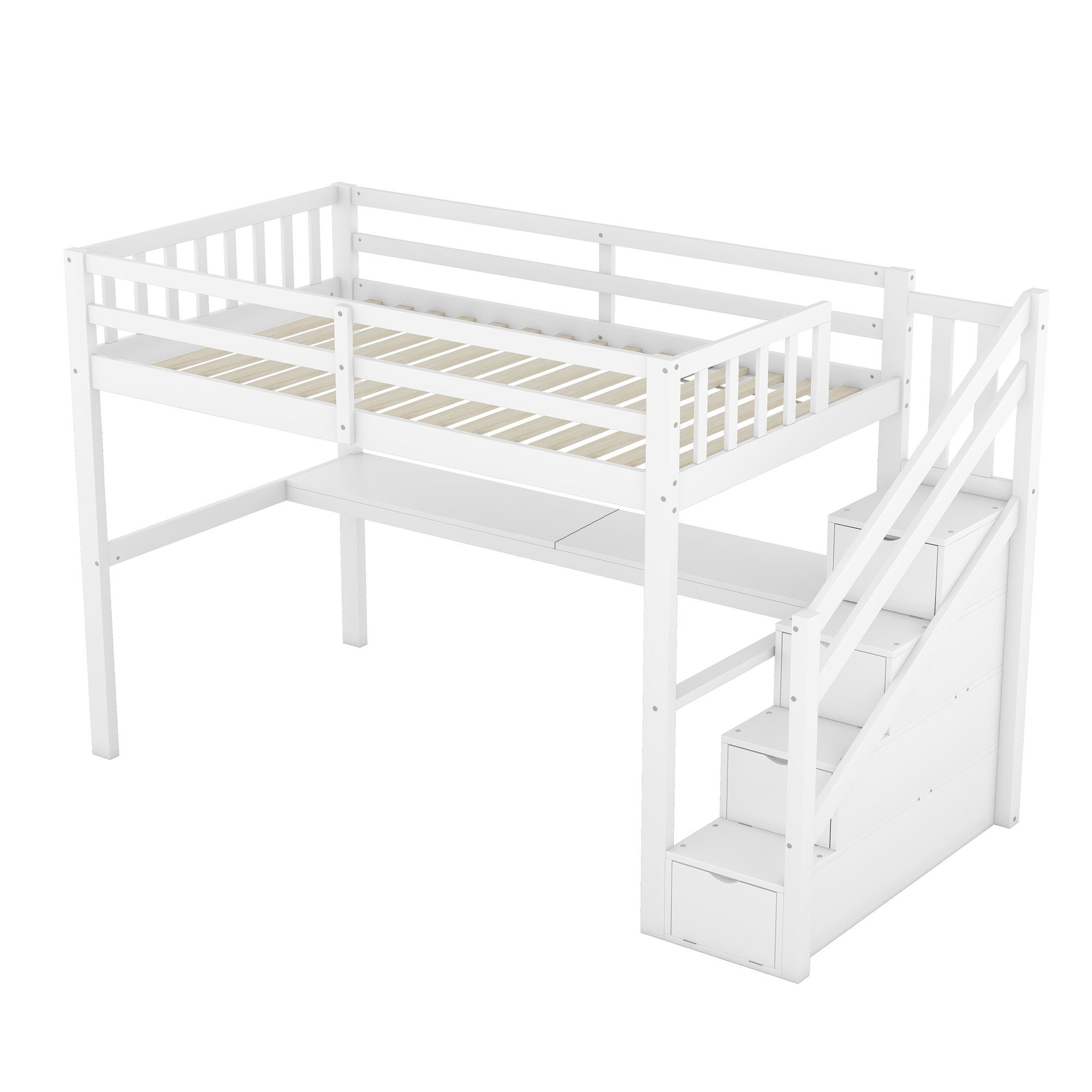 Holzbett und Stauraumschubladen (mit ohne Matratze WISHDOR Kinderbett Stauraumbett 90x200 Funktionsbett Unterbettschreibtisch), cm Weiß Kinderhochbett