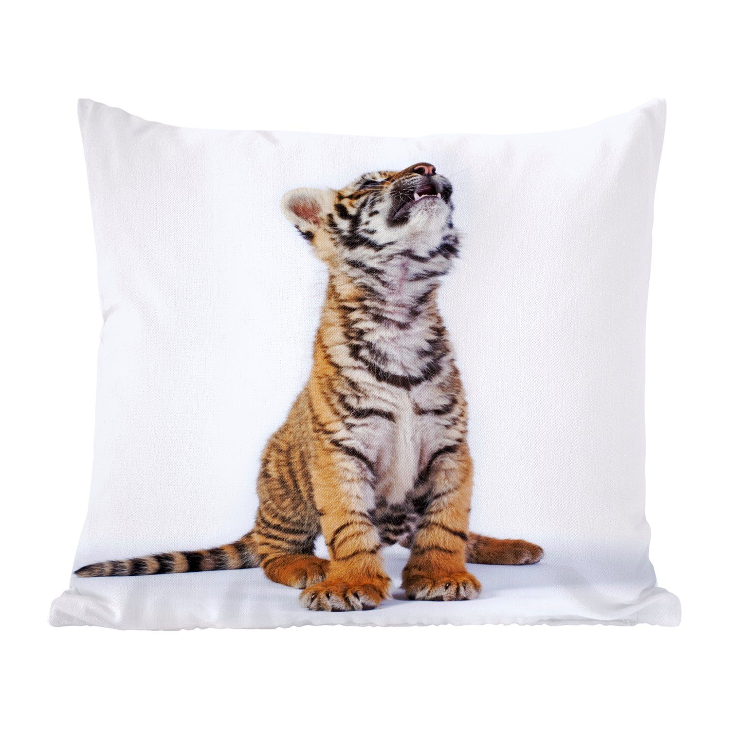 MuchoWow Dekokissen Tiger - mit - Deko, Sofakissen Schlafzimmer, Weiß, Füllung Jungtier Zierkissen für Wohzimmer