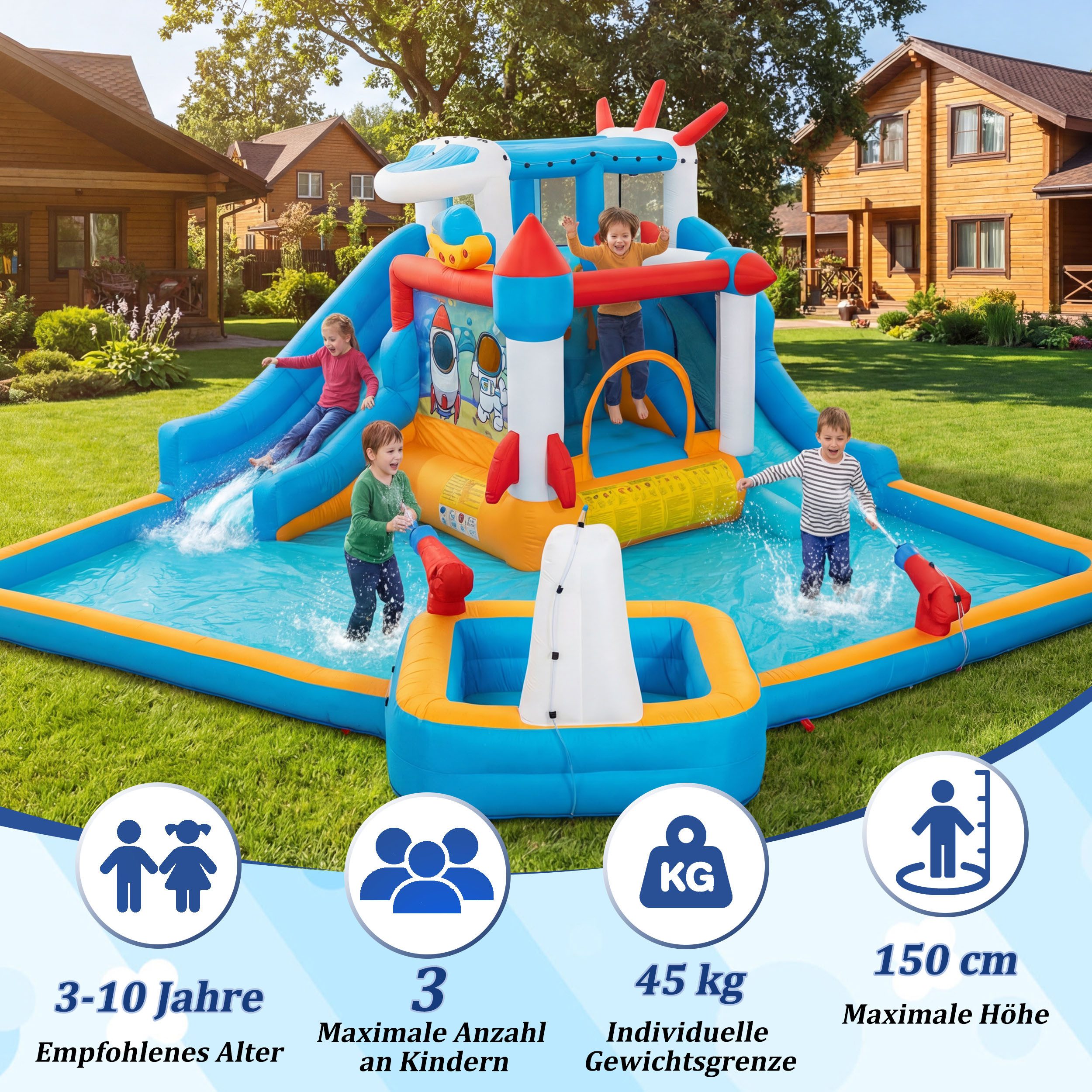 UEV Hüpfburg mit Gebläse Groß Aufblasbare Wasserpark Springburg 452x437x213cm, (XXL für Kinder von 3-10 Jahre, mit Kletterwand Sicherheitsnetz Kindergeburtstag), für Indoor und Outdoor Wasserrutsche Springen