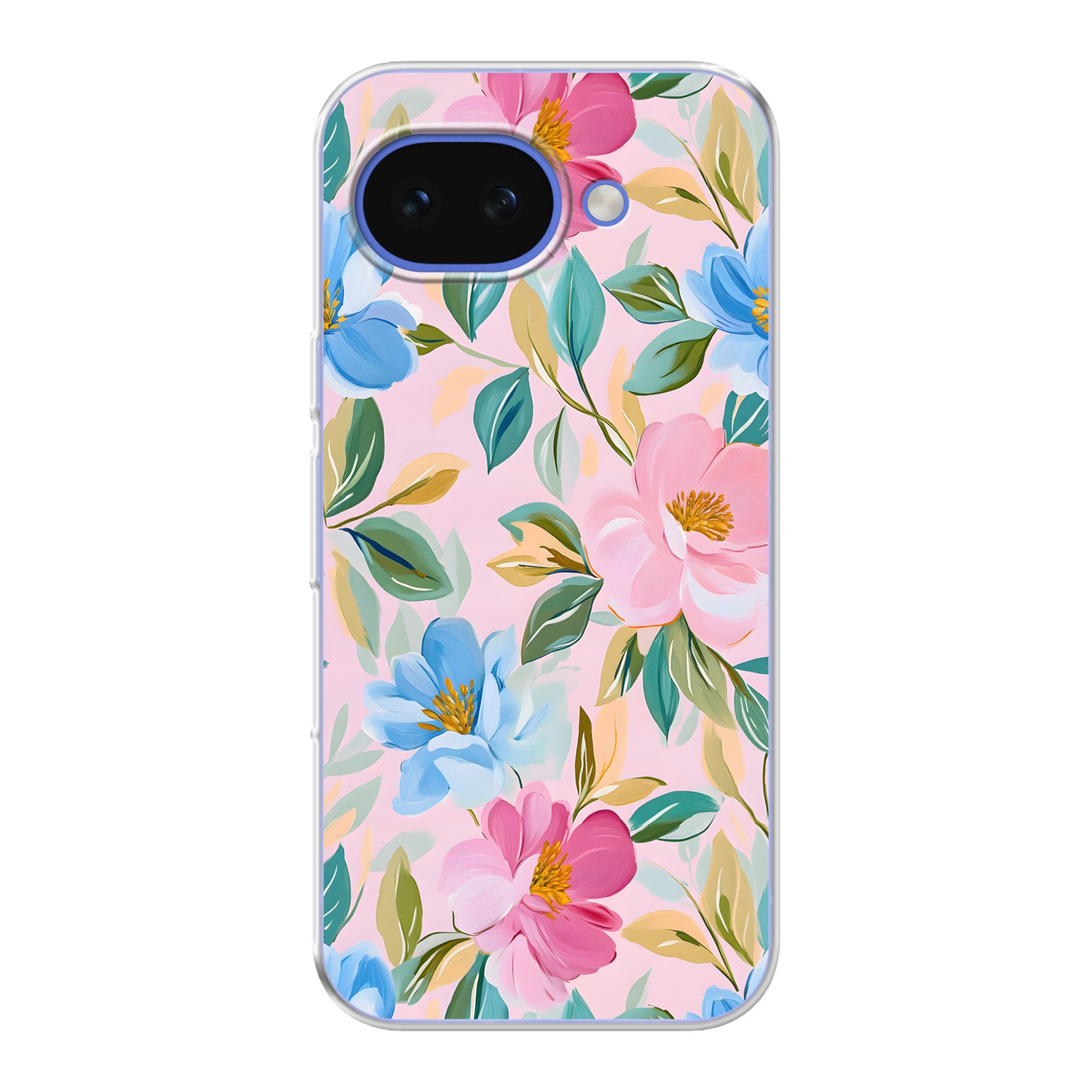 MuchoWow Handyhülle für Google Pixel 10A Blau - Rosa - Blumen, Phone Case, Silikon, Schutzhülle Dünn