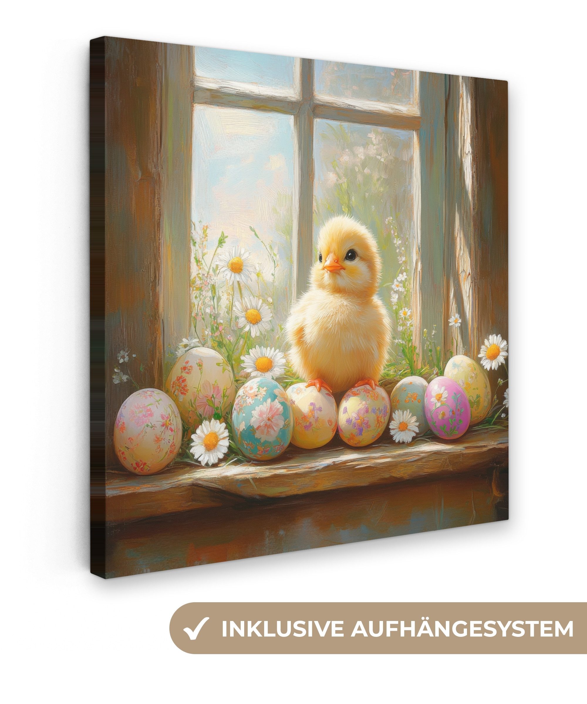 OneMillionCanvasses® Leinwandbild Küken - Fenster - Ostereier - Ostern Deko, Fotodruck (1 St), Wandbild, Deko Schlafzimmer Wohnzimmer Flur 20x20 cm