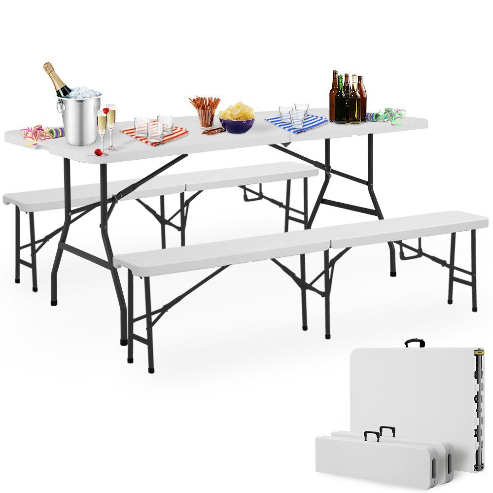 Casaria Bierzeltgarnitur, (3-tlg), 180 cm Klappbar Kunststoff 2x Bierbank 1x Breiter Tisch Holz