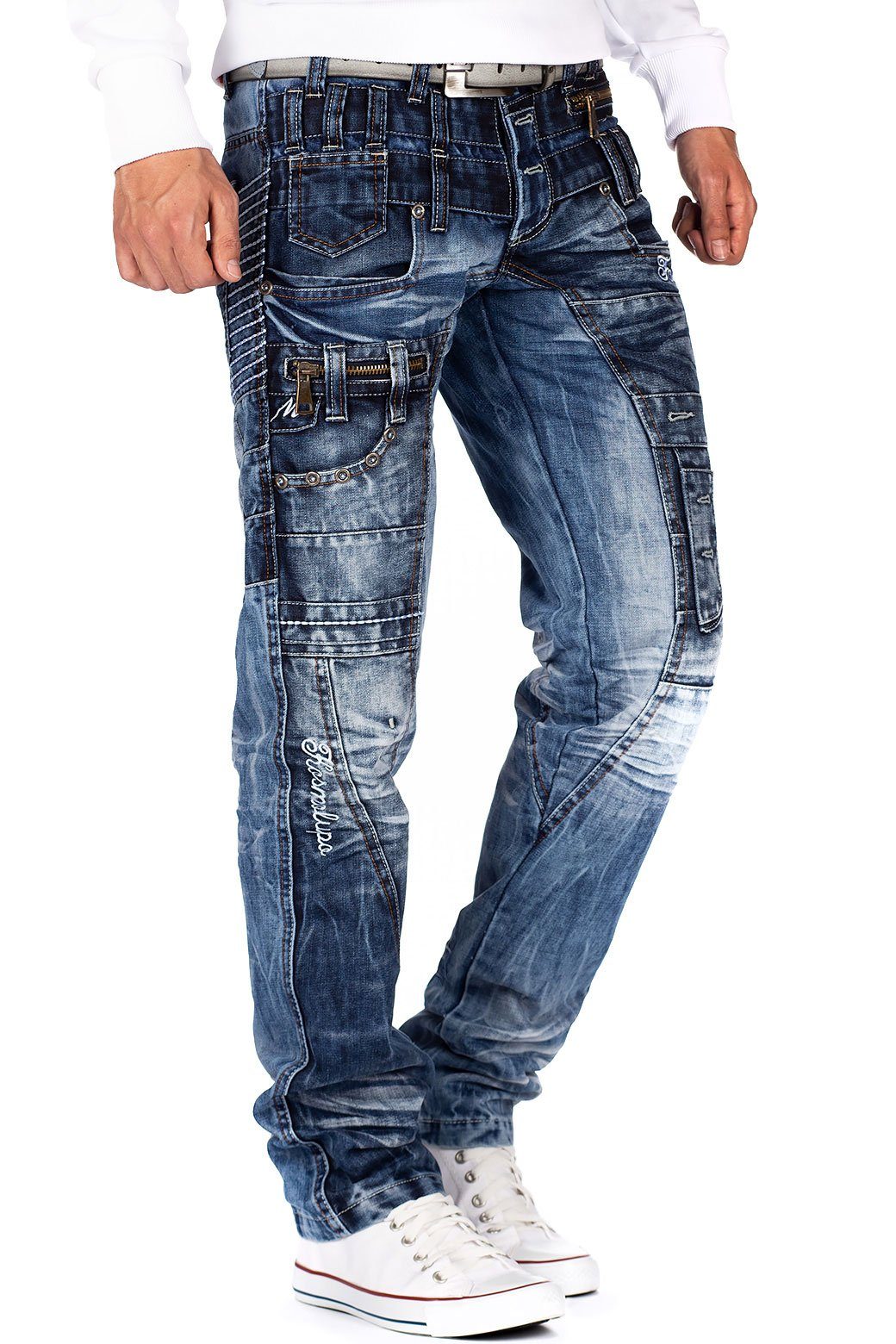 Kosmo Lupo 5-Pocket-Jeans Herren Regular Fit Jeans Stonewashed KM020 Blue W38/L34 (1-tlg) mit aufgesetzten Applikationen