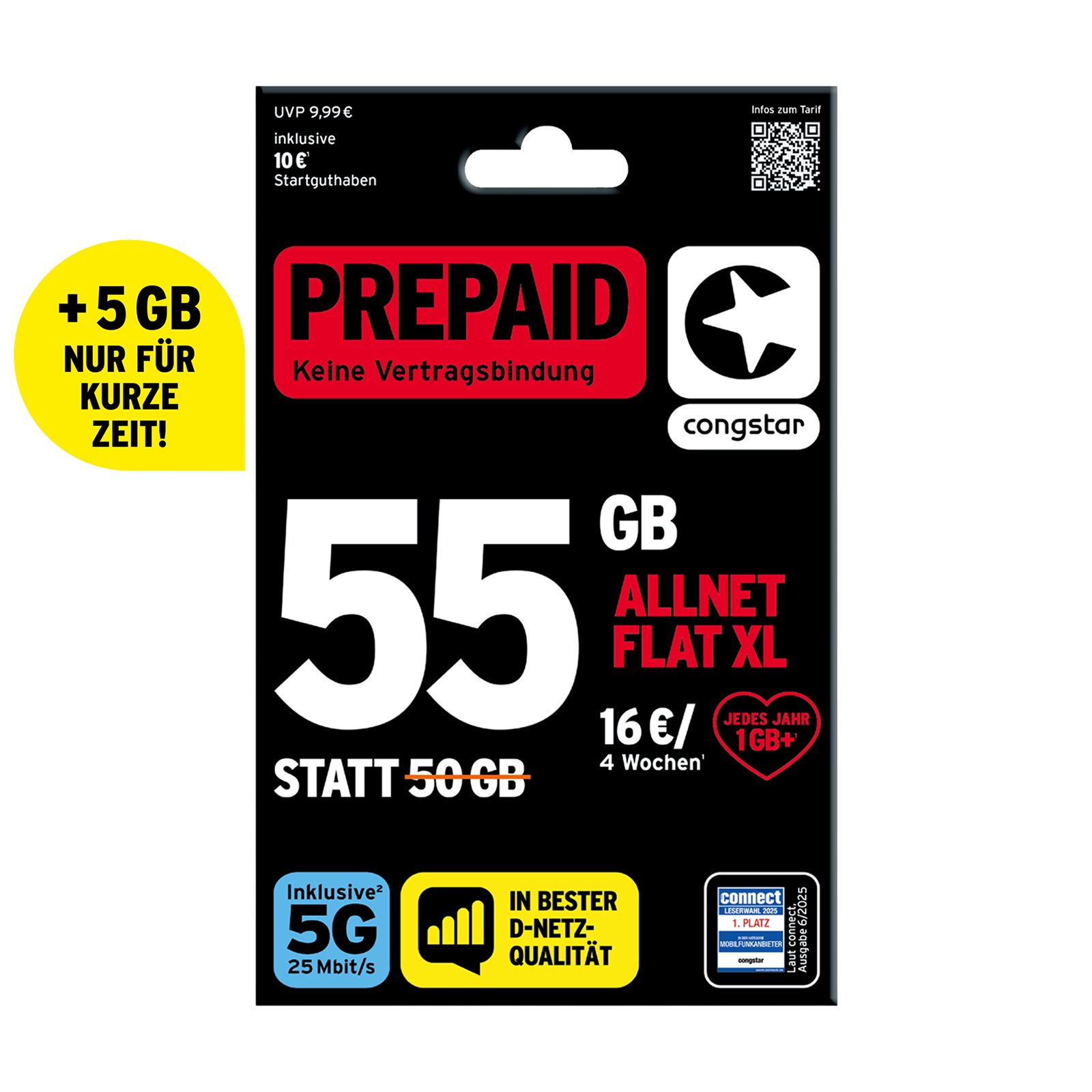 Congstar Prepaid ALLNET XL SIM-Karte ohne Vertrag 5G mit 25 Mbit/s Prepaidkarte, (Telefonie & SMS Flat, EU-Roaming inkl)