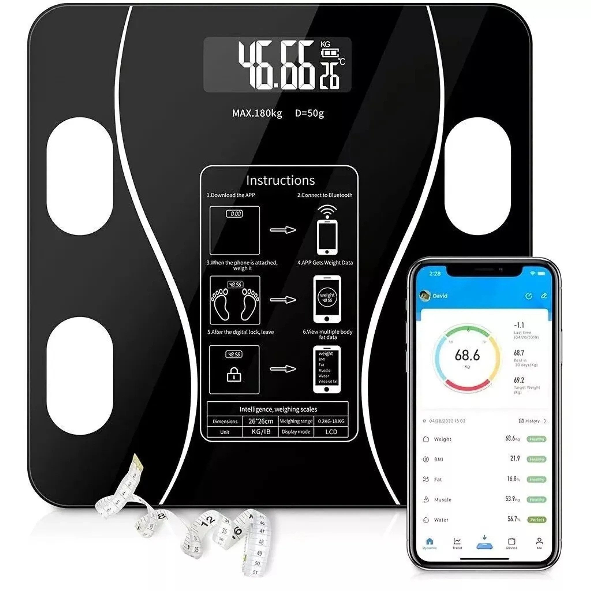 Revinta Personenwaage Körper Waage digital Display Bluetooth mit APP 180Kg Personenwaage