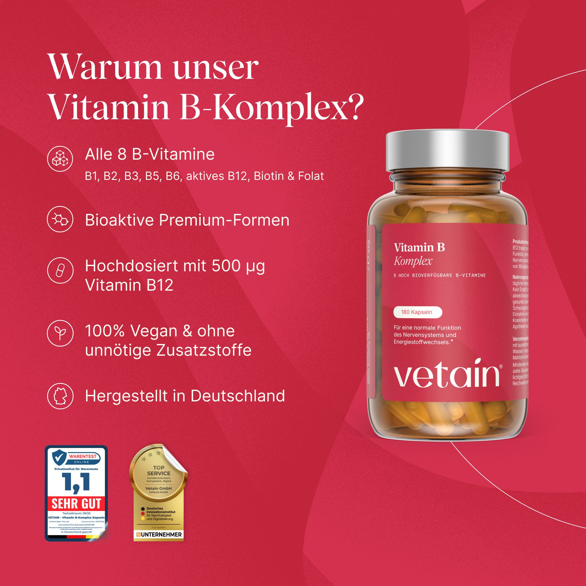 VETAIN Vitamin B Komplex hochdosiert - 180 Kapseln, 180 St., 32 g, In bioaktiver Form