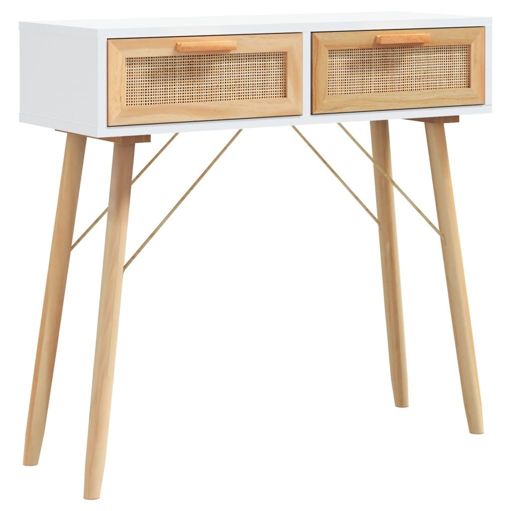 vidaXL Konsolentisch, Beistelltisch Weiß 80x30x75 cm Massivholz Kiefer Natur-Rattan