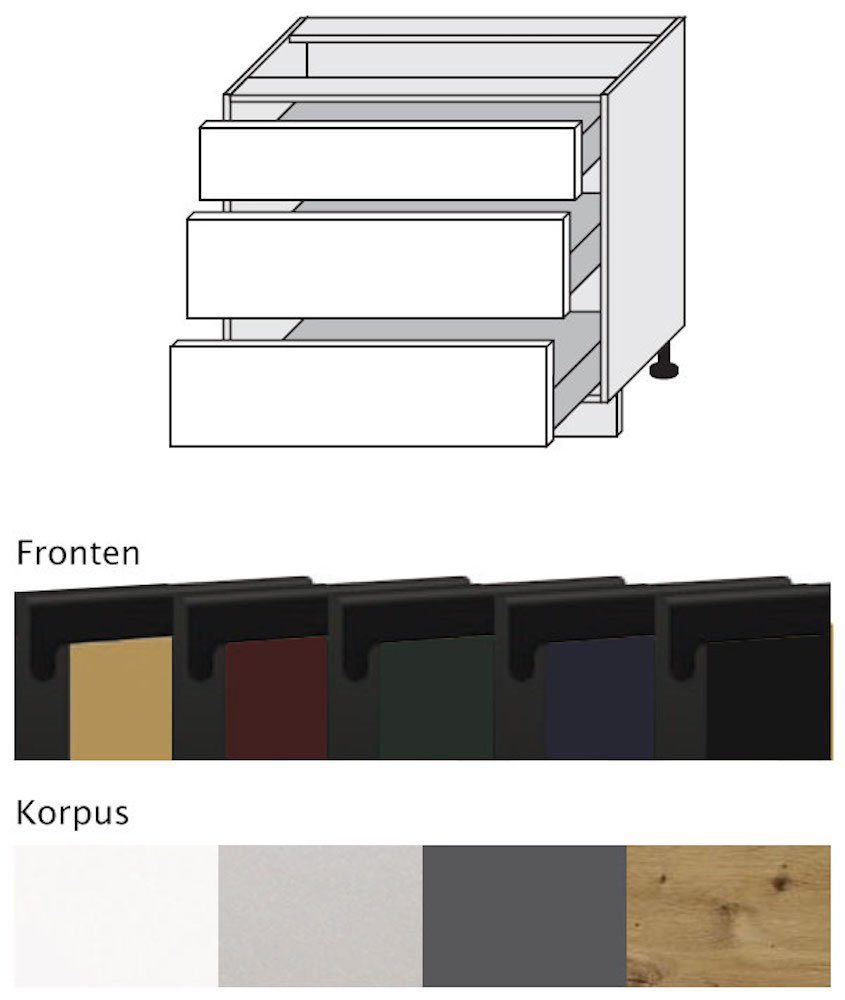 super Front- 90cm Korpusfarbe matt grifflos 3 Feldmann-Wohnen Unterschrank (Vollauszug) & smaragdgrün Schubladen Velden wählbar