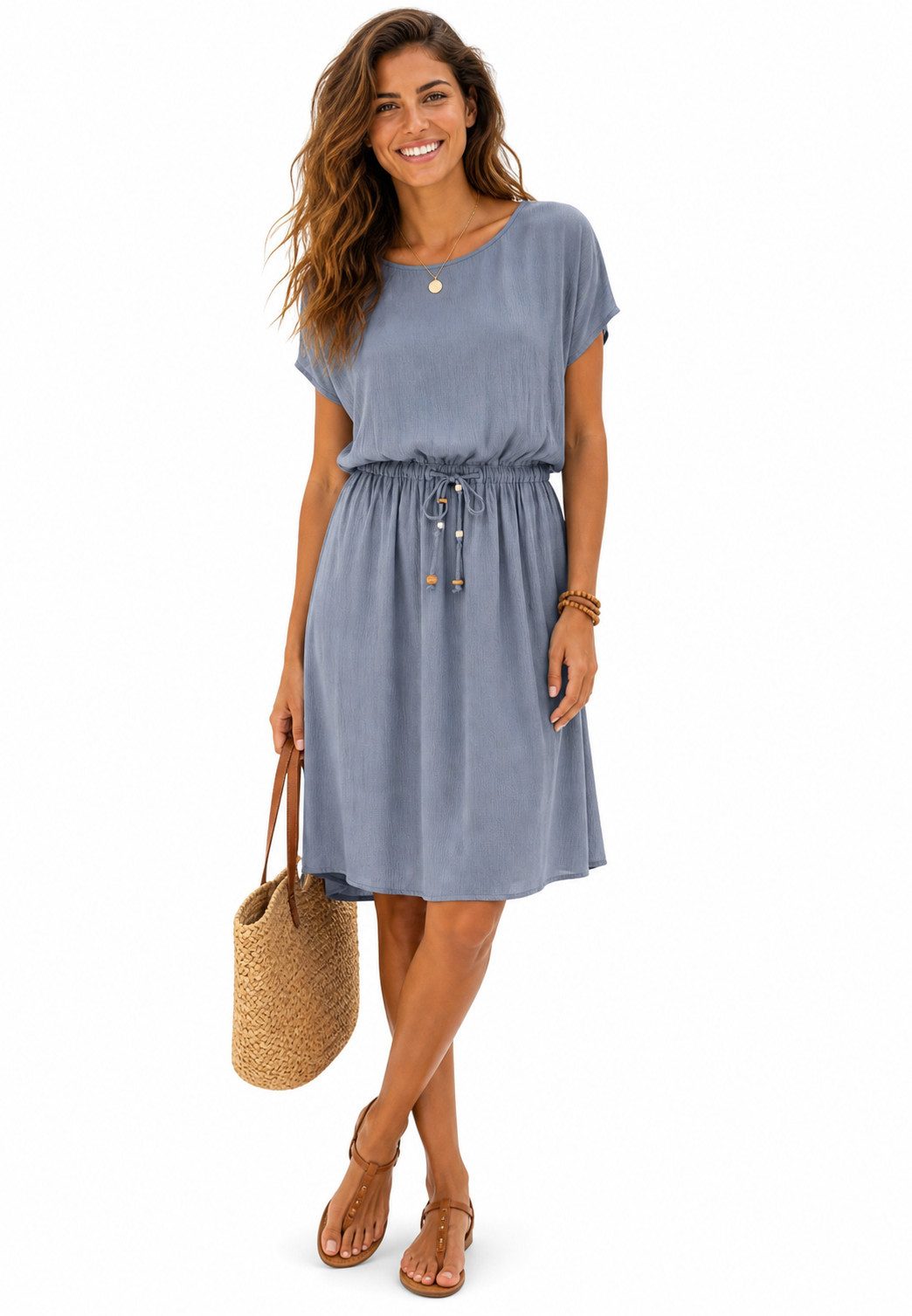 Eight2Nine Sommerkleid Damen Luftiges Sommerkleid aus Viskose mit Bindegürtel Sommerkleid