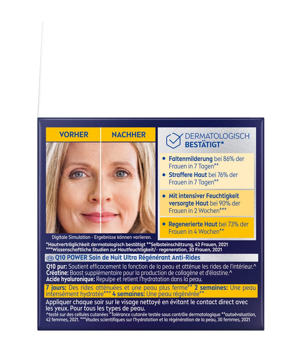 Nivea Nachtcreme Q10 Anti-Falten Power Nachtpflege 50ml Packung, 1-tlg., Spendet intensive Feuchtigkeit und wirkt regenerierend